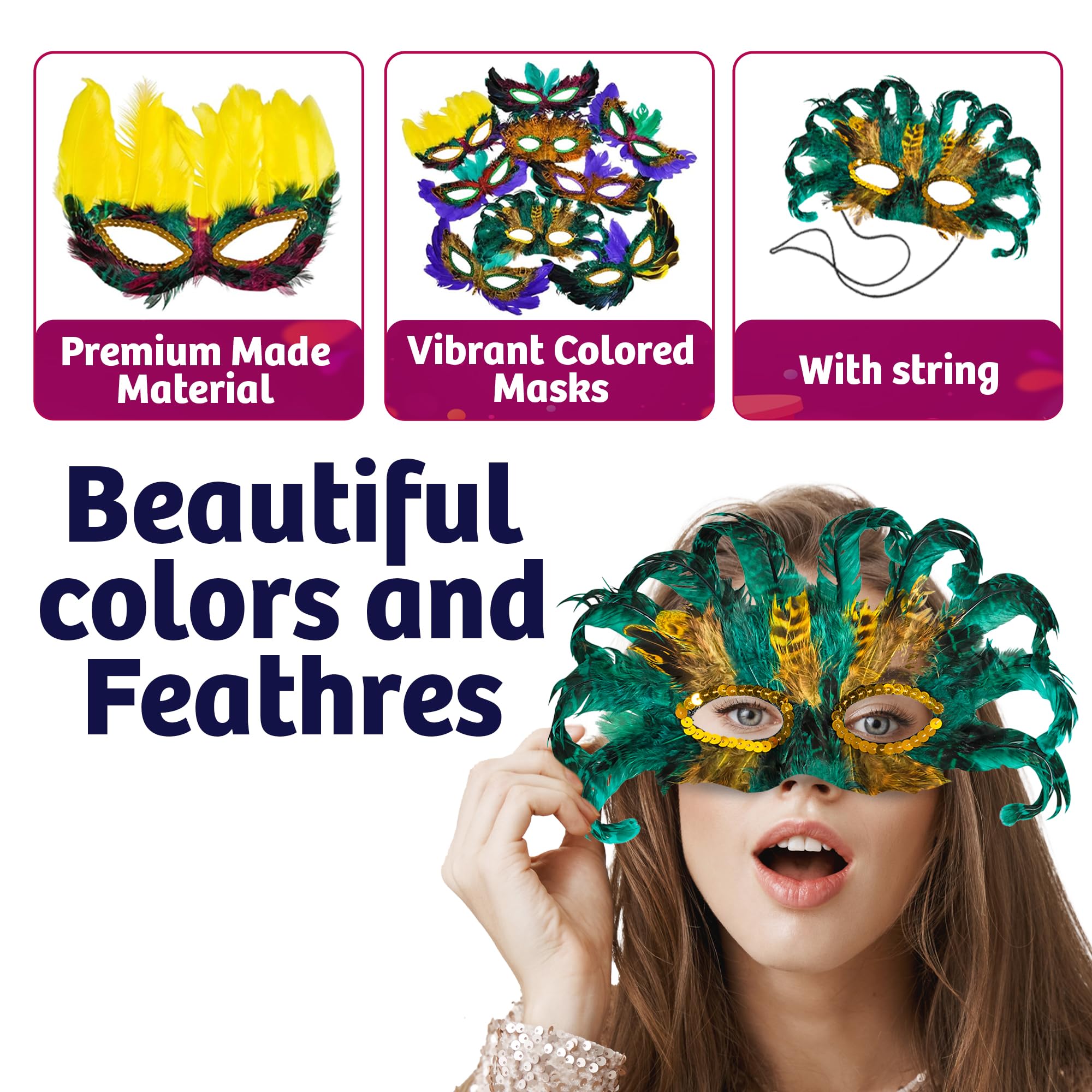 Bedwina Mardi Gras Masks - (Pack of 12) Bulk Carnival Masquerade Mask Costume Party Supplies, Feather Mardi Gras Decorations for Women, Men and Kids