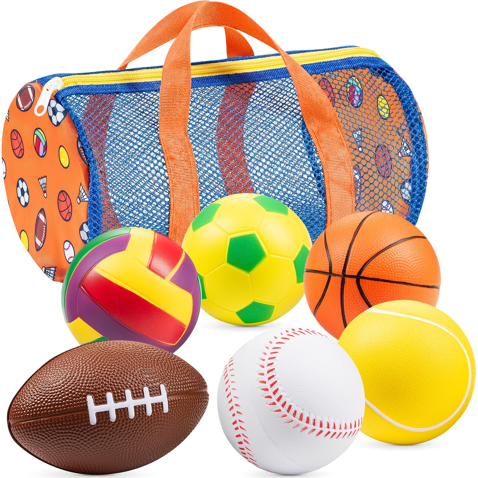 Foam Sports Balls Set for Kids - 6 Piece Soft Sports Balls with Soccer, Basketball, Football, Baseball, Tennis & Volleyball - Indoor & Outdoor Toddler Boys & Girls Ball Toys with Mesh Gym Storage Bag
