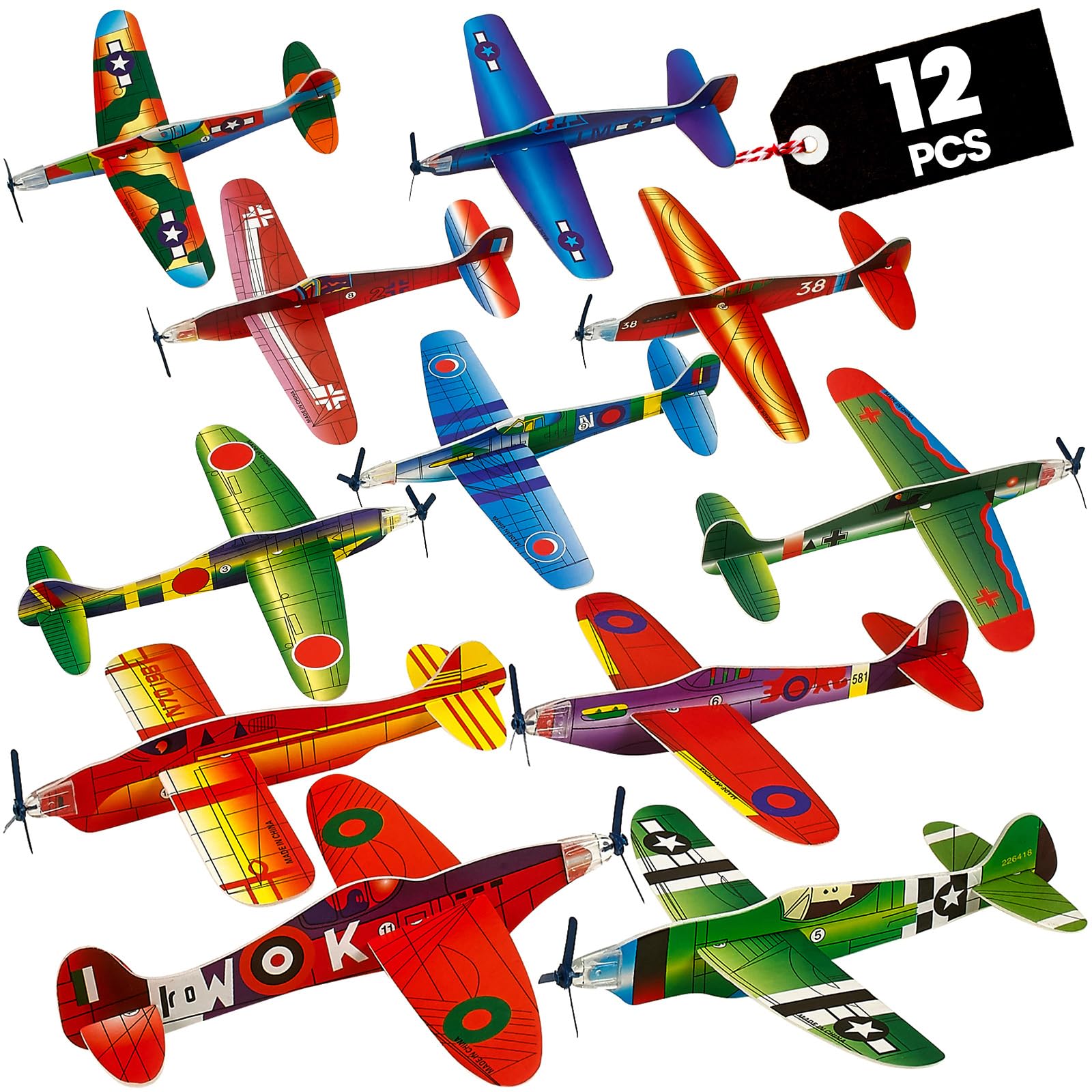 Bedwina Glider Planes Bulk 12-Pack 8-Inch Bomber Airplane Gliders for Kids, Foam Paper Airplane Kit For Birthday, Goodie Bag Stuffers Party Favors For Kids Great Paper Airplanes For Outdoor Flying Toy