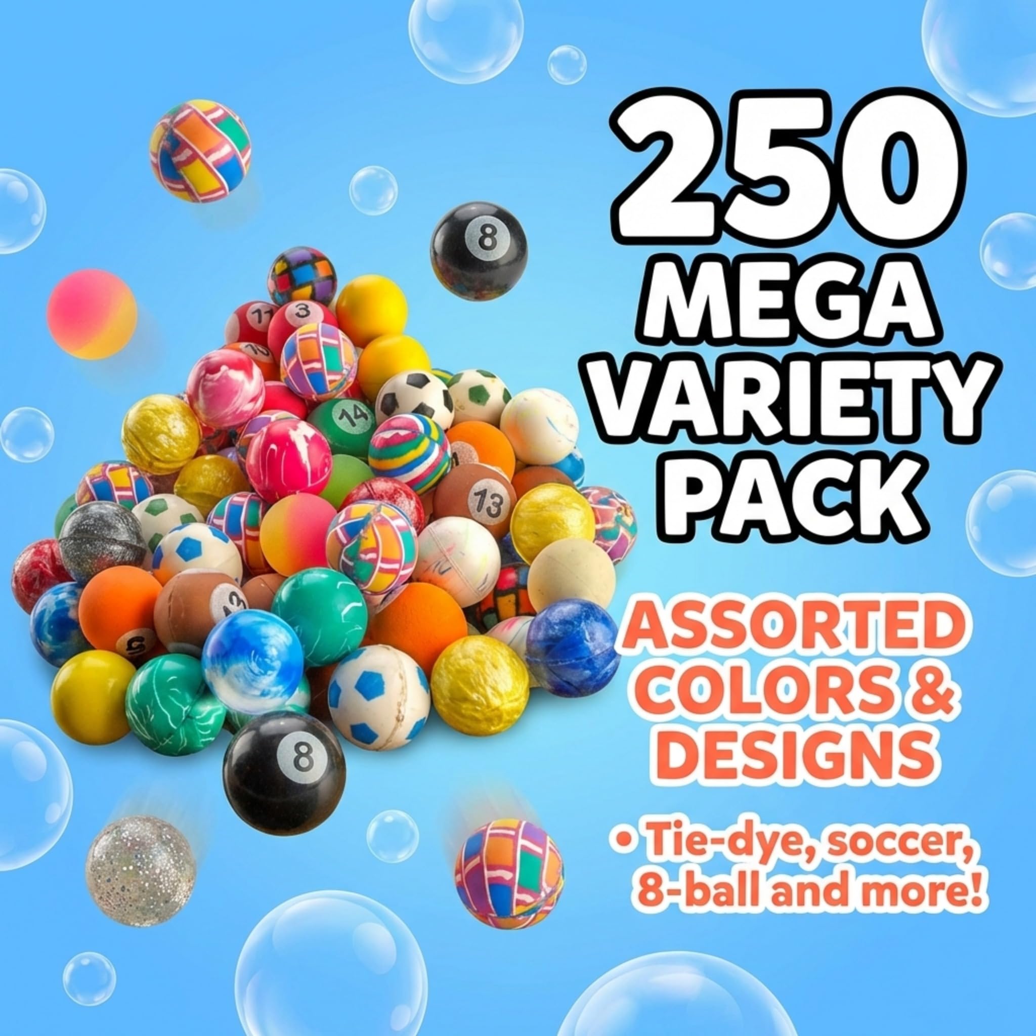 Bedwina 250-Pack Bouncy Balls in Bulk - (1inch/27mm) Hi Bounce Variety Assortment Mix, Colorful and Small Rubber Bouncing Balls, Party Favors for Kids, Treasure Box Prizes and Goodie Bags
