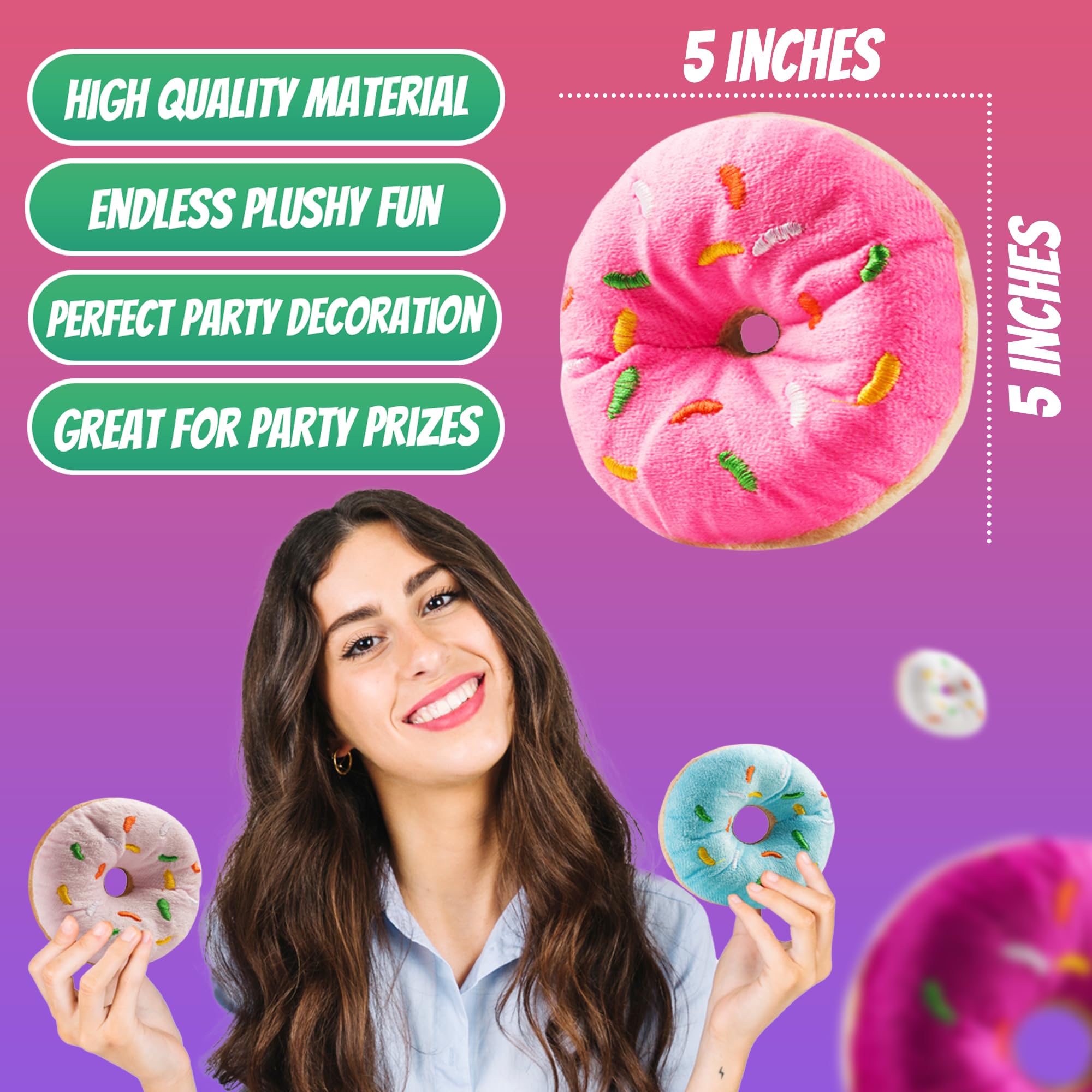 Bedwina Plush Donuts with Sprinkles - (Pack of 12) 1 Dozen Stuffed Donut Pillow Toy Party Favors, Donut Party Supplies Decorations and Stocking Stuffers for Kids