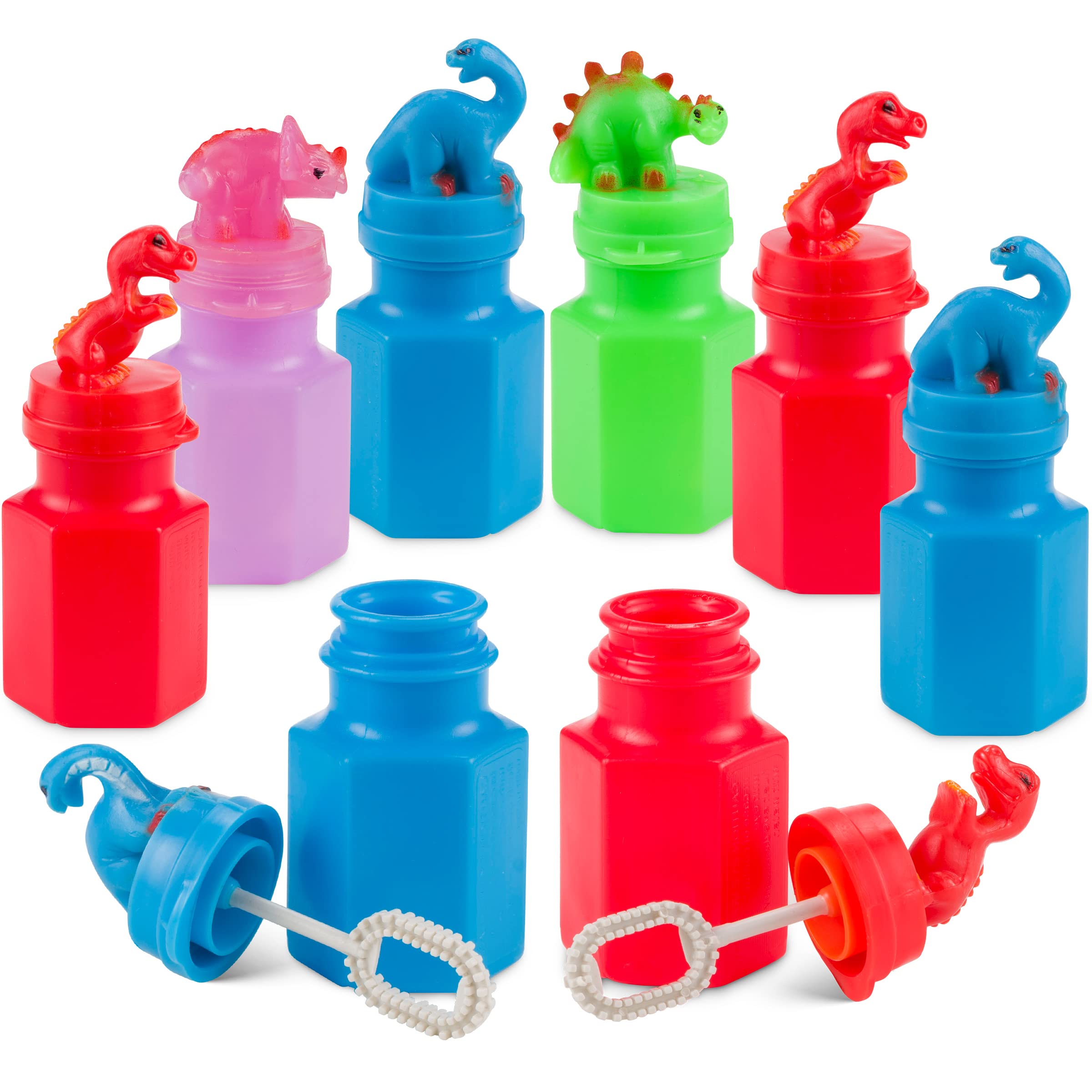 Dinosaur Bubbles Party Favors for Kids - (24-Pack Bulk) Assorted 3-Inch Dino Bubble Bottles with Bubble Wands, Outdoor Summer Toy for Birthday Goodie Bags, Easter Baskets & Prizes