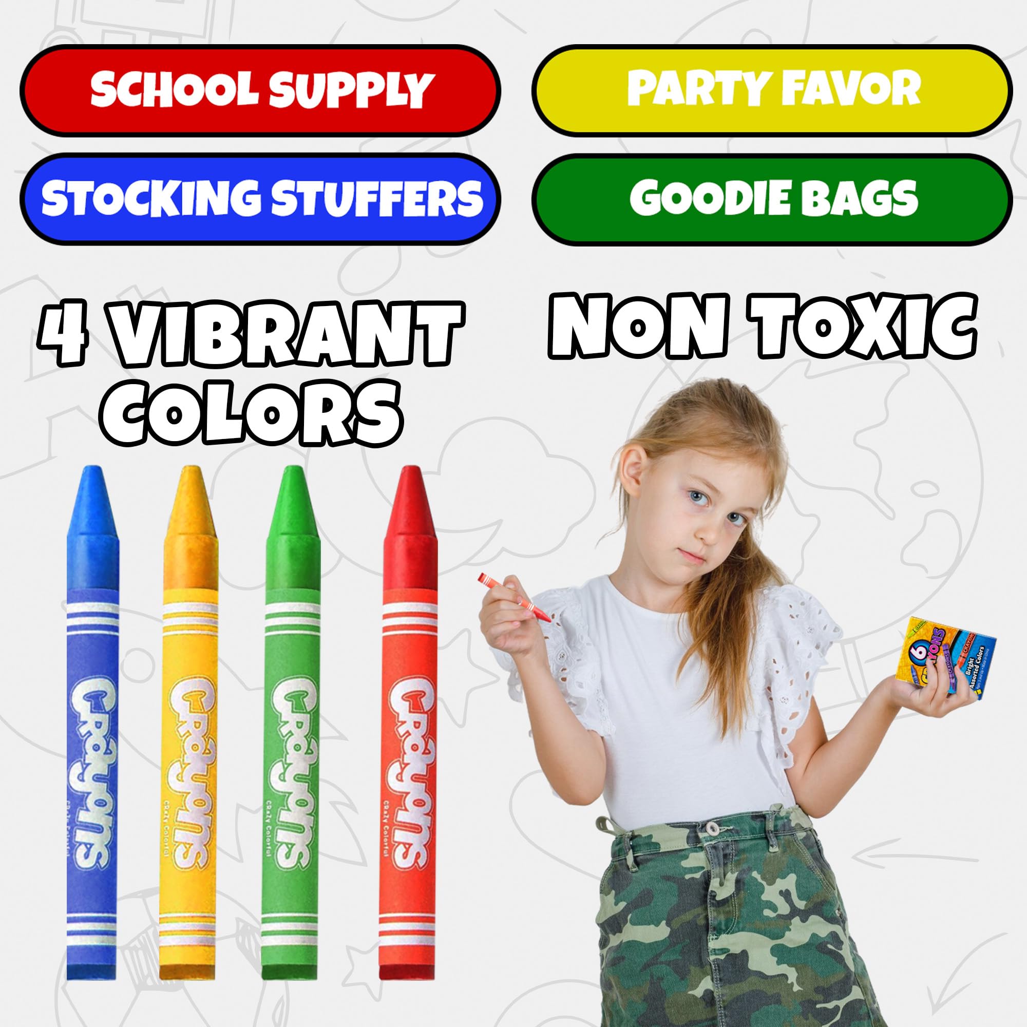 Bedwina Bulk Crayons - 96 Crayons - (Box of 24 Packs) - 4 - Per Pack, Premium Bright Colors for Kids and Toddlers, Non-Toxic for Coloring, Party Favors, Restaurants, Goody Bags, Stocking Stuffers