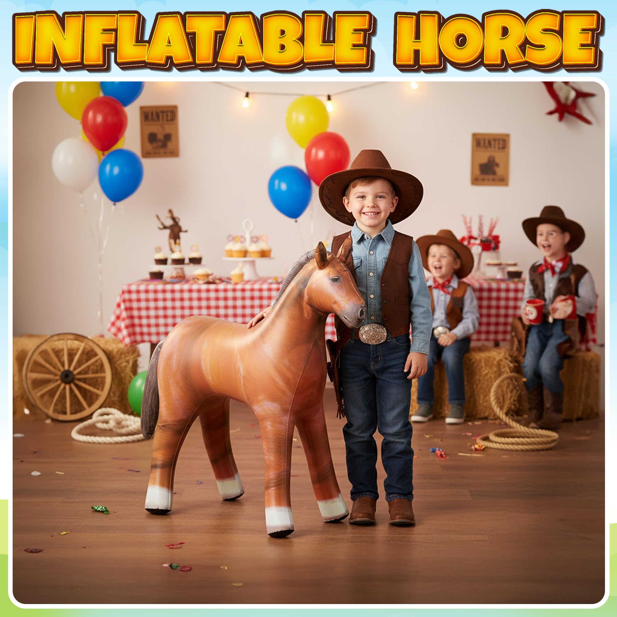 37" Inflatable Horse Decoration - Blow Up Brown Horse Toy for Kids Western, Cowboy, Barnyard, Farm & Rodeo Party Supplies, Birthday, Fall Festivals, Baby Shower, Halloween & Holiday Décor