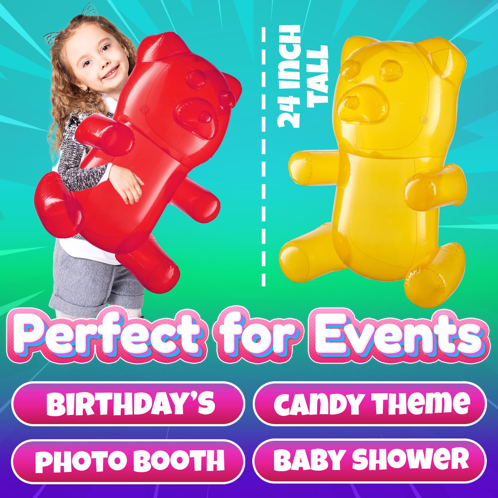 24" Inflatable Gummy Bears (Pack of 6) Huge Blow Up Pool Toys, Fun Photo Booth Props and Big Gummy Bear Decorations for Kids Birthday Parties and Themed Candy Land Party Decor Supplies