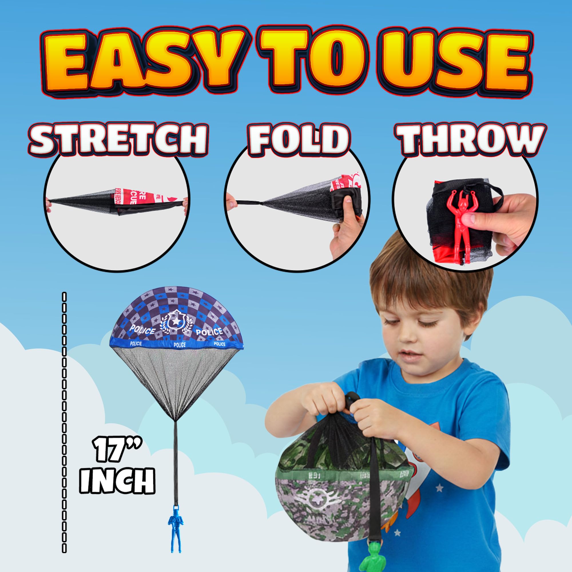 Parachute Men Toys for Kids - (Pack of 4) Police, Army, Firefighter & EMT Figures w/ Tangle-Free Parachutes - Outdoor Flying Toys for Kids, Party Favors, Birthday Gifts for Boys & Girls Ages 3+