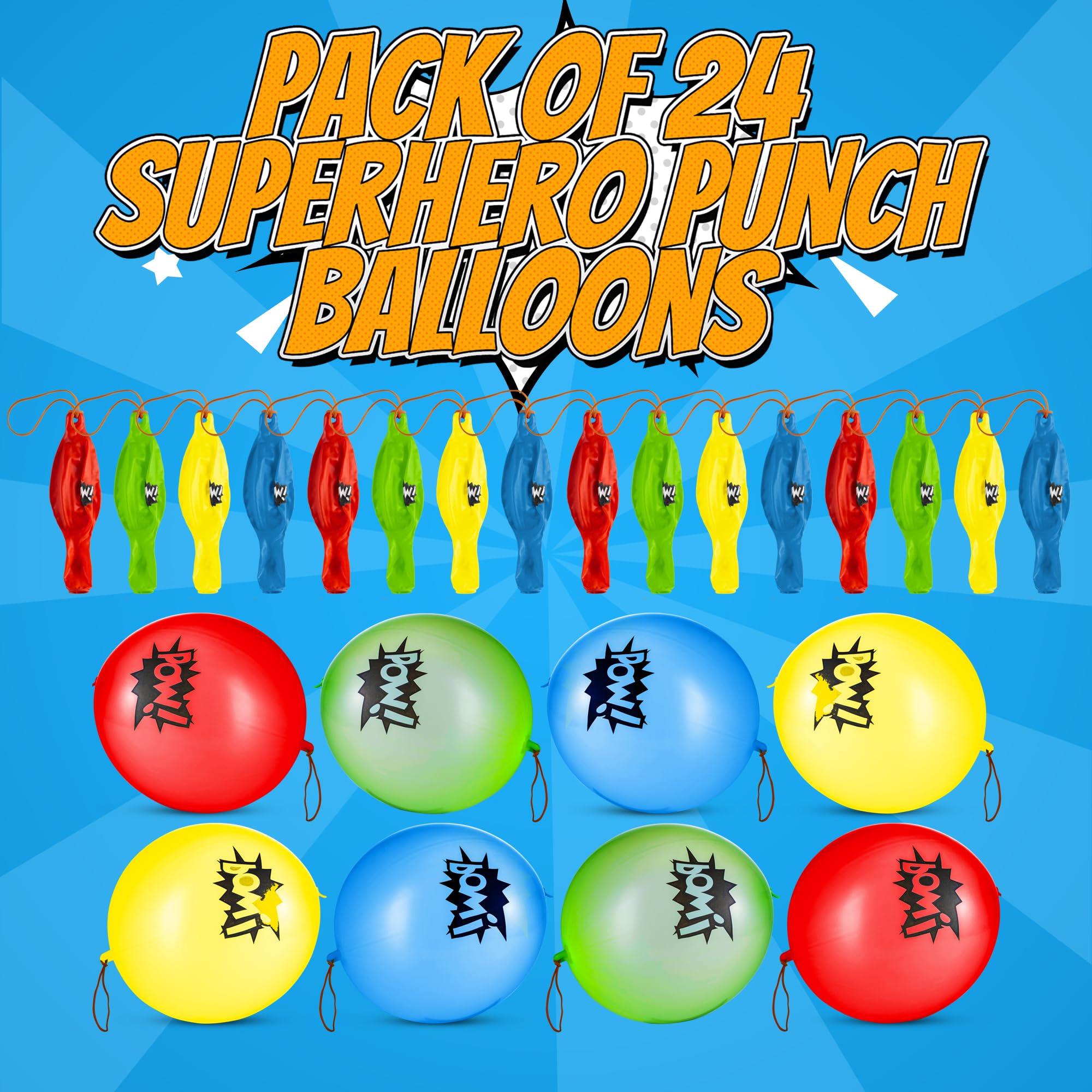 Superhero Punch Balloons - Pack of 24 Bulk, Large Punching Balloons for Kids, Inflatable Punch Balls for Carnival Prizes, Goodie Bag Stuffers for Kids, Superhero Theme Birthday Party Favors Toys
