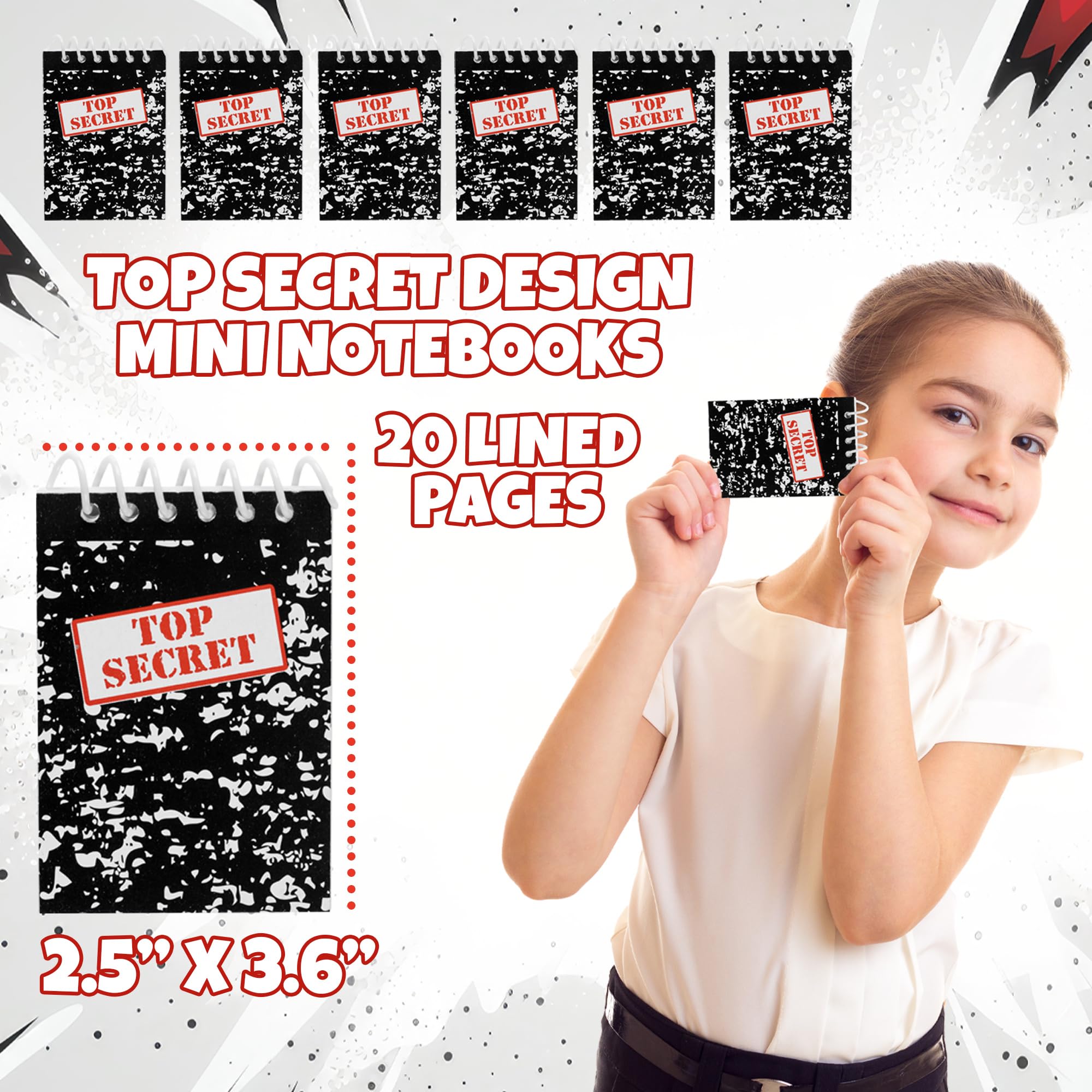 Bedwina Top Secret Mini Notebooks for Kids Party Favors - (Pack of 24) Spiral Small Notebook Pads for Murder Mystery Party Decor, Secret Agent Spy or Crime Detective Themed Parties, Goody Bag Notepads