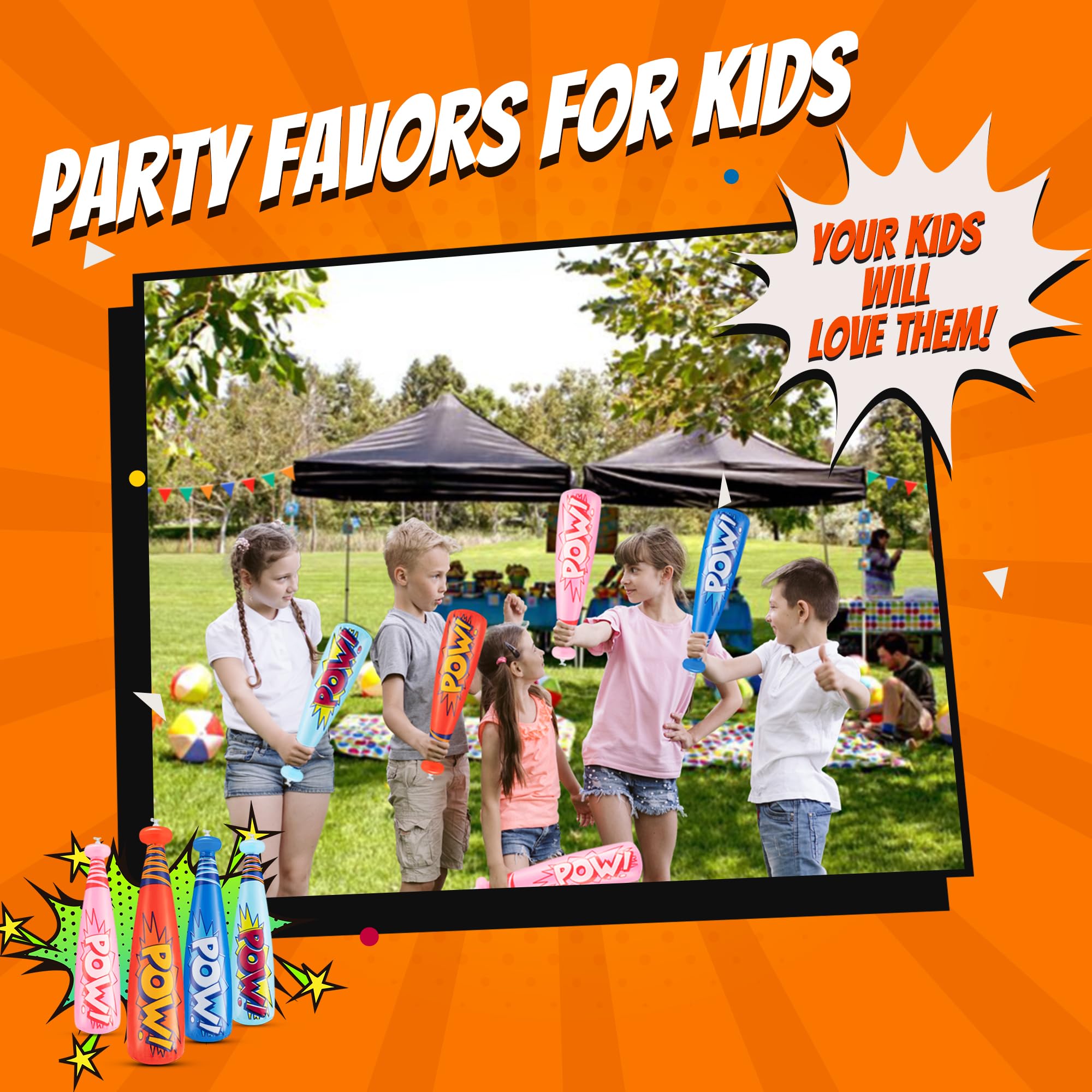 Bedwina Pow Inflatable Baseball Bat - (Pack of 60) 20 Inch Inflatable Toy Bat, Carnival Prizes, Baseball Party Favors Goodie Bag Stuffers, Decorations Party Prizes for Kids