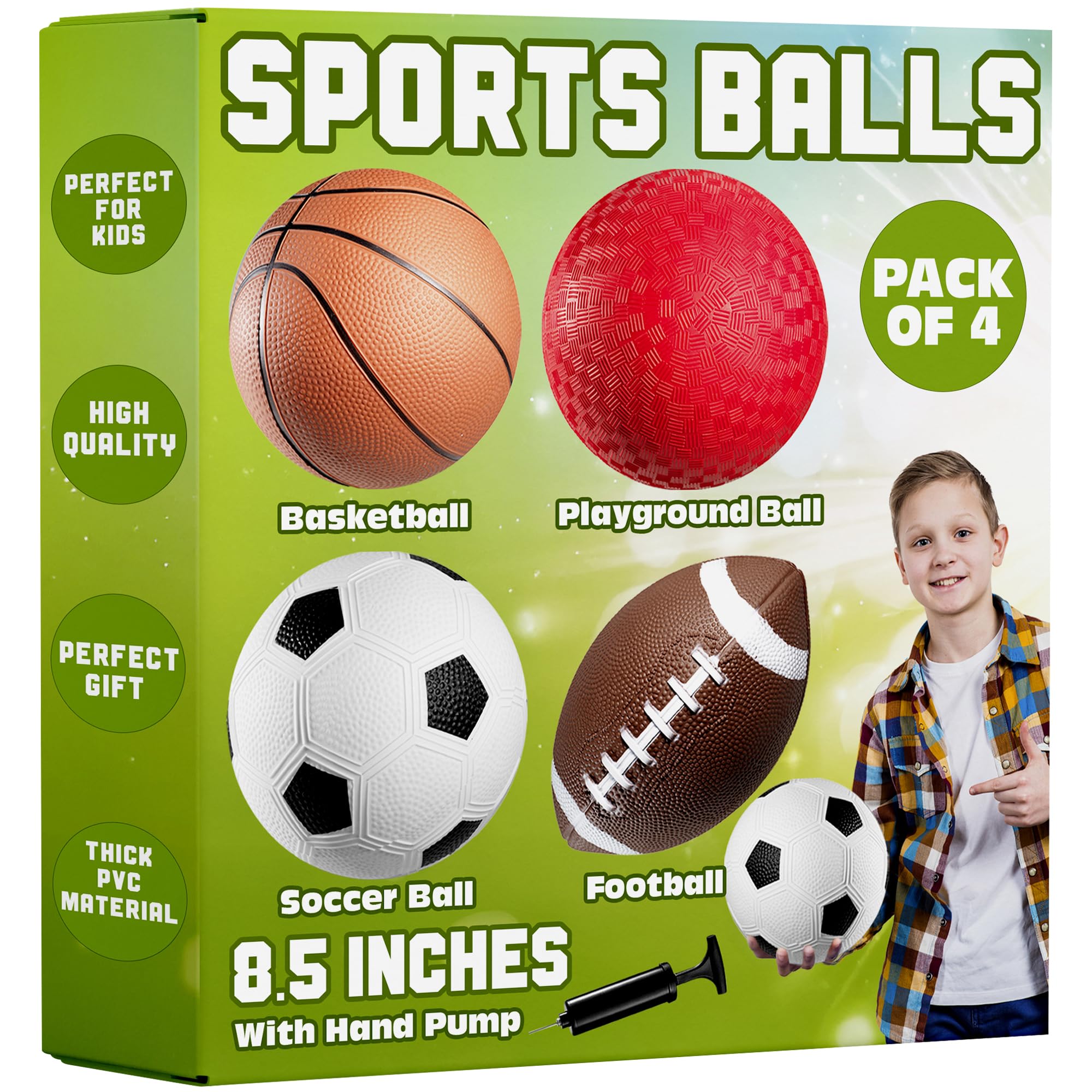 8.5” Sports Balls for Kids & Toddlers - (Pack of 4) Rubber Inflatable Multi-Sport Ball Set - Football, Soccer Ball, Basketball & Playground Ball - Outdoor Toys for Boys & Girls, (Hand Pump Included)