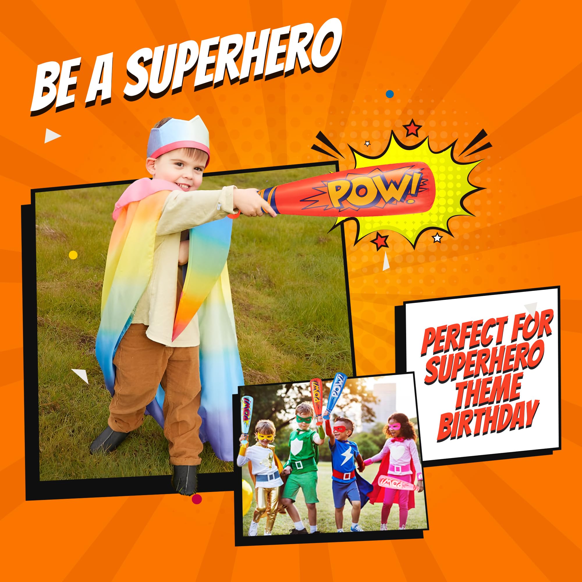 Bedwina Pow Inflatable Baseball Bat - (Pack of 60) 20 Inch Inflatable Toy Bat, Carnival Prizes, Baseball Party Favors Goodie Bag Stuffers, Decorations Party Prizes for Kids