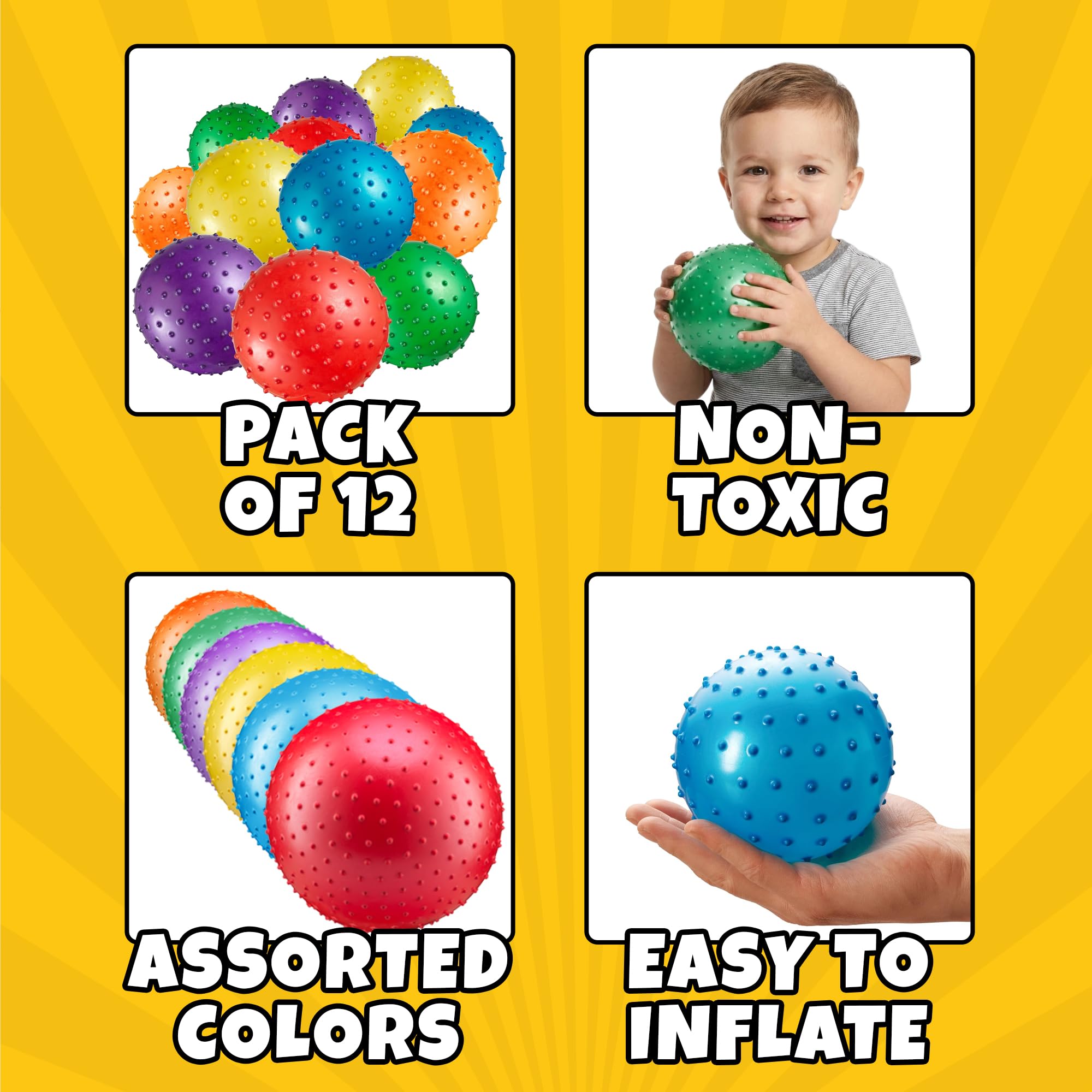 Bedwina Mini Knobby Balls - (Pack of 12) Bulk 5 Inch Sensory Balls and Spiky Massage Stress Balls with Pump, Fun Bouncy Ball Party Favors
