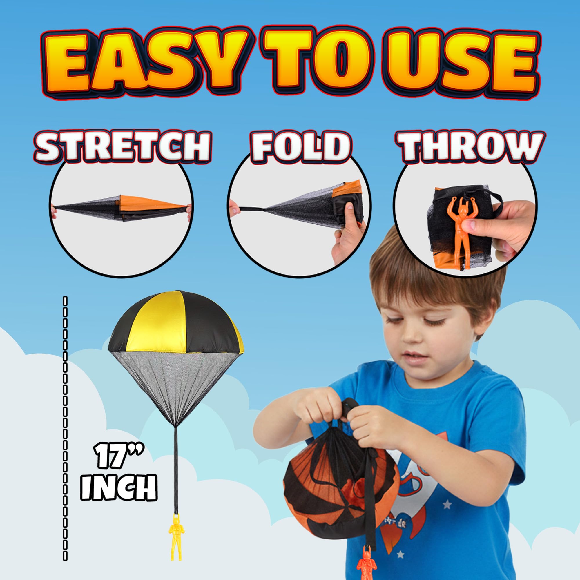 Parachute Men Toys for Kids - (Pack of 4) Police, Army, Firefighter & EMT Figures w/ Tangle-Free Parachutes - Outdoor Flying Toys for Kids, Party Favors, Birthday Gifts for Boys & Girls Ages 3+