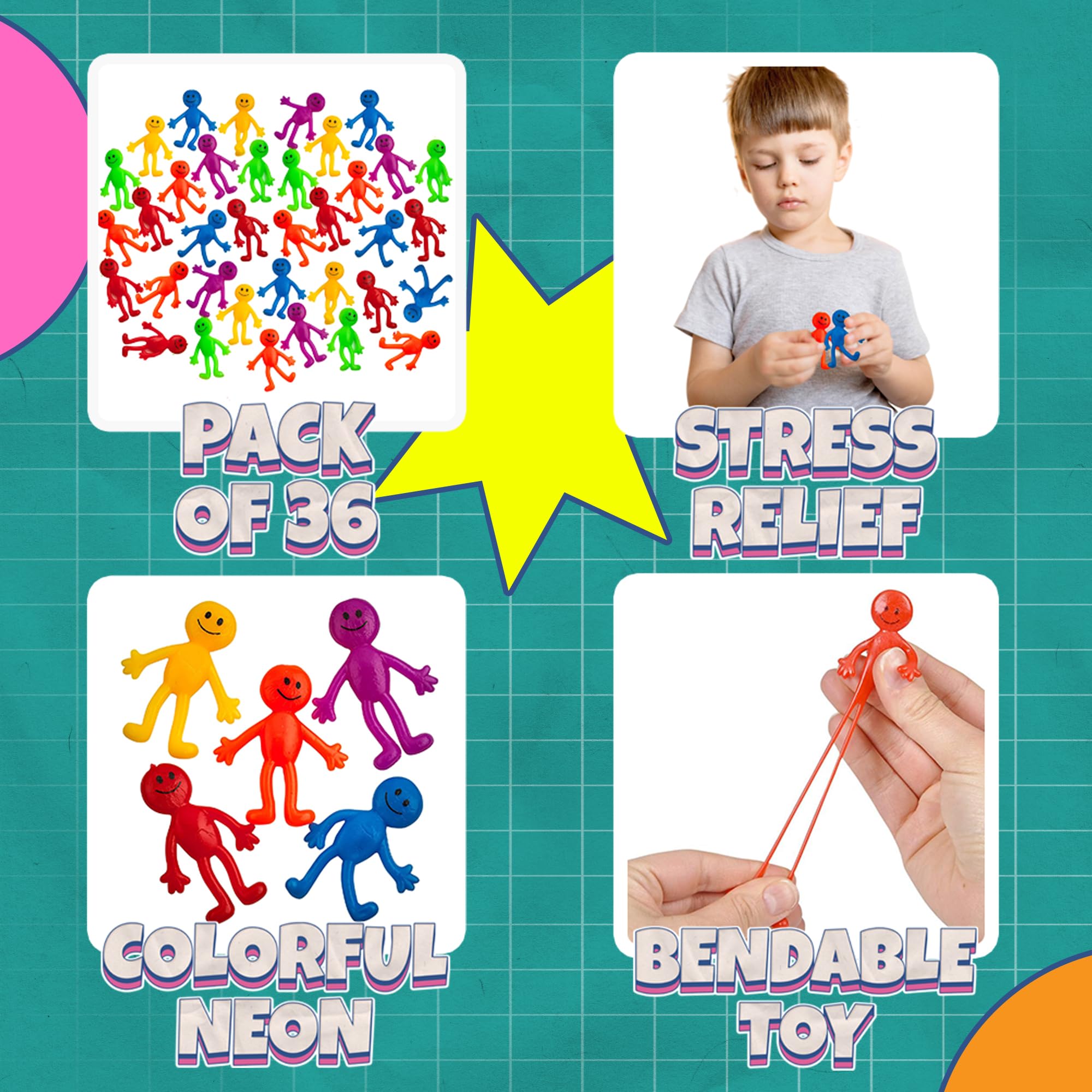 Stretchy Bendable Man (36 Pack) Assorted Fun Colors, A Sticky, Stretchable, Slimy, Gooey Texture, Toy for Stress Anxiety Relief, Great Party Favor, Stocking Stuffer