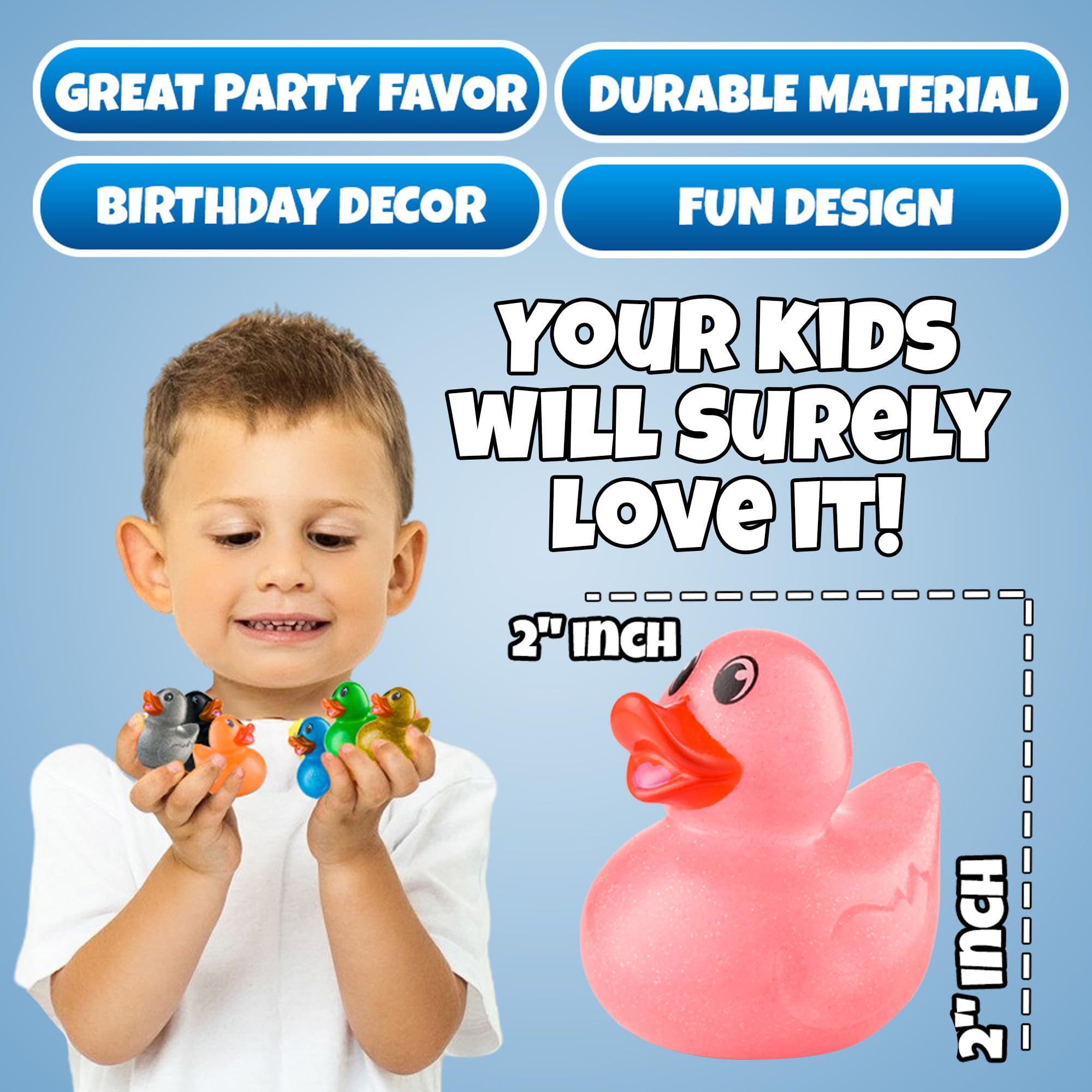 Glitter Rubber Ducks in Bulk - Assorted 2-inch Duck Toys for Baby Shower Rubber Duckies, Mini Ducks Bath Toy, Birthday Party Favors Ducks