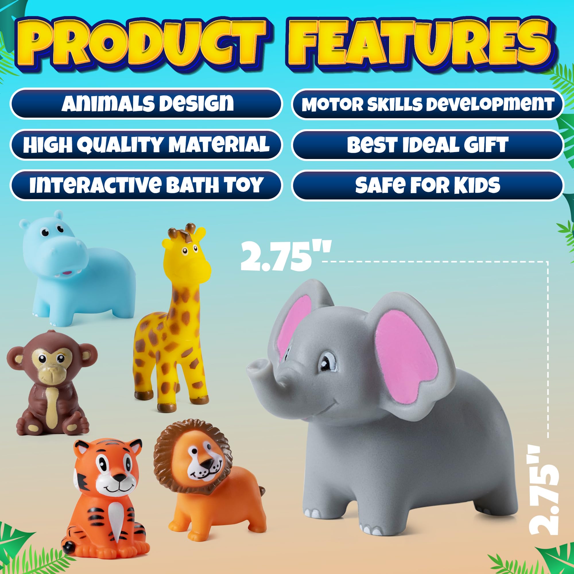 Mini Zoo Animals Bath Toys - Vinyl Rubber Jungle Safari Animal Figures, Squeezable Bath Tub Toys for Kids, Baby Shower, Birthday Party Supplies, Favors, Cake Decor, Table Decorations