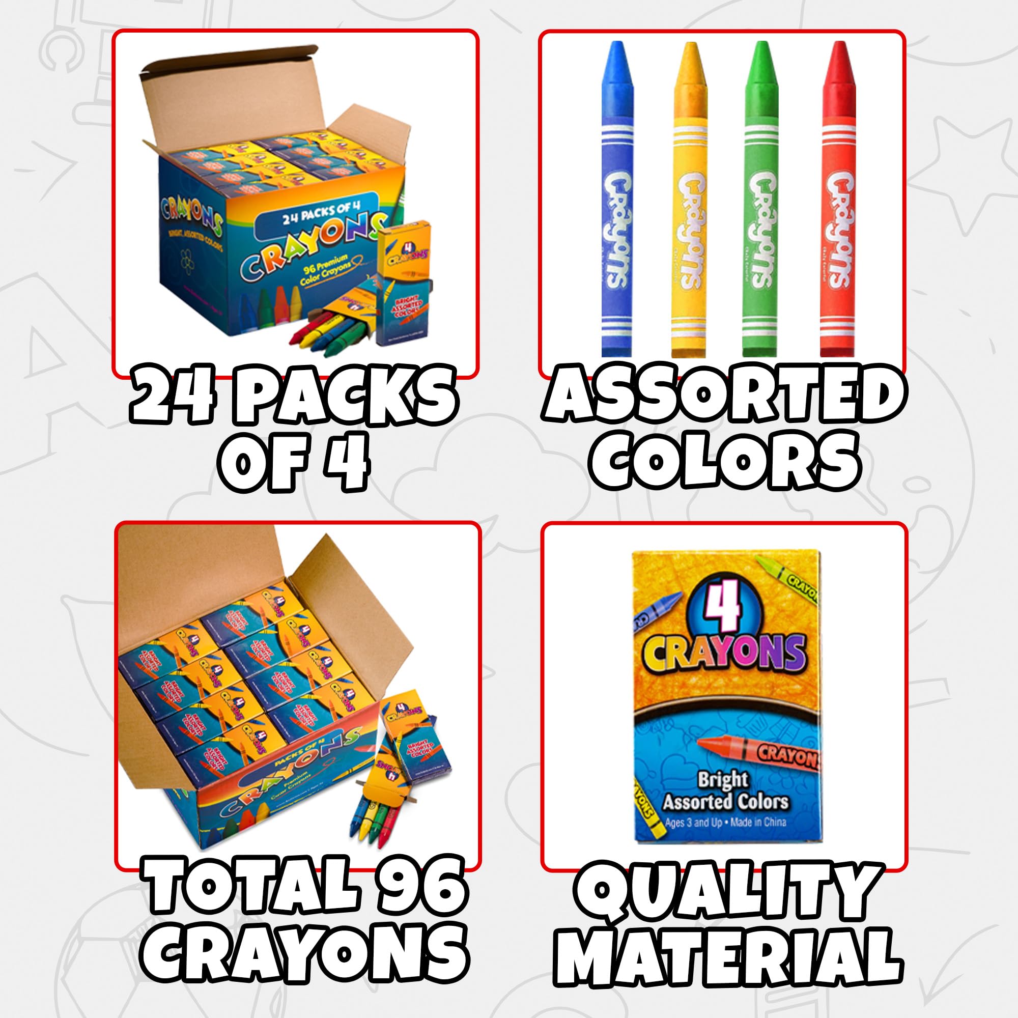 Bedwina Bulk Crayons - 96 Crayons - (Box of 24 Packs) - 4 - Per Pack, Premium Bright Colors for Kids and Toddlers, Non-Toxic for Coloring, Party Favors, Restaurants, Goody Bags, Stocking Stuffers