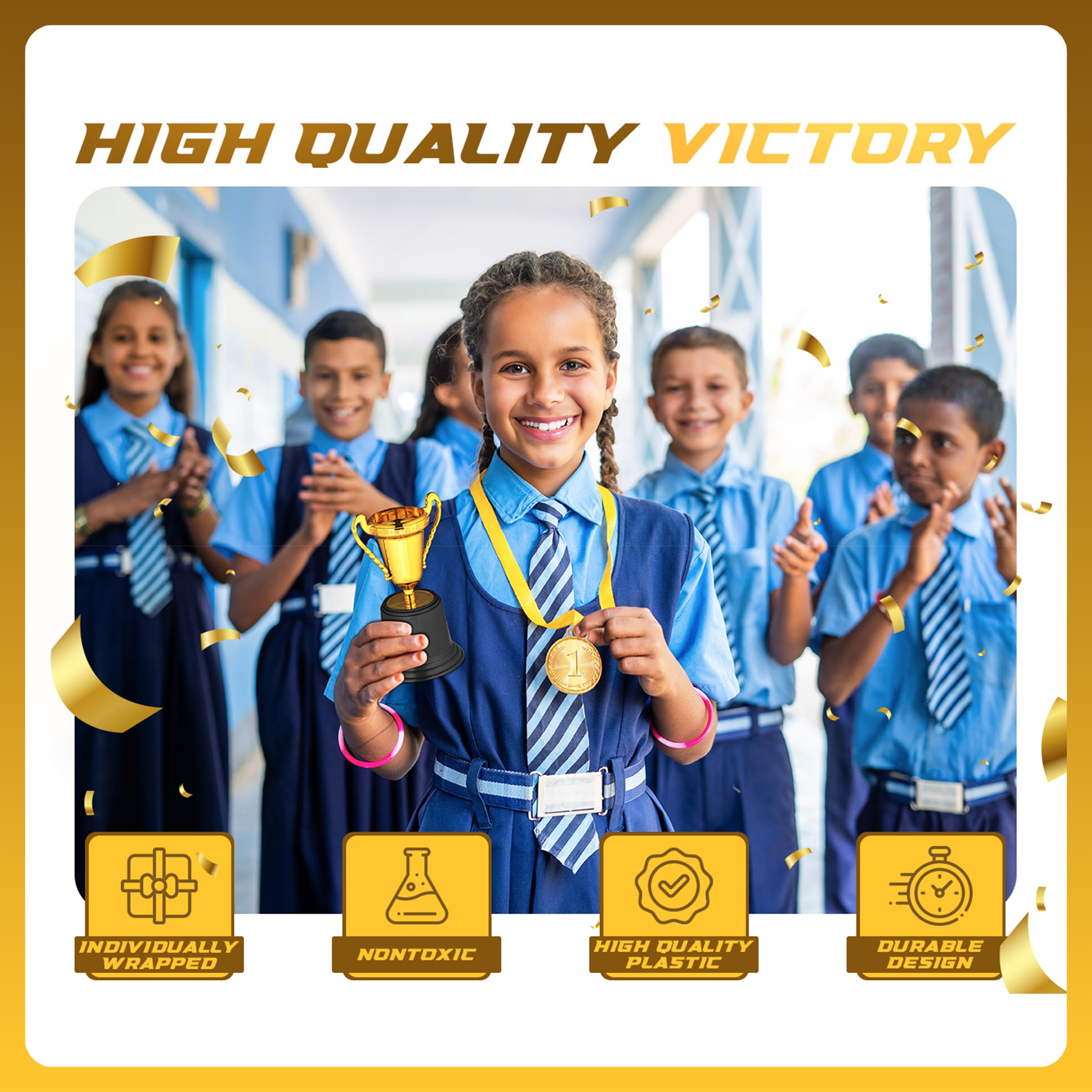 Bedwina Gold Award Trophy Cups - Pack of 6 Bulk - 5 Inch Plastic Gold Trophies for Party Favors, Props, Rewards, Winning Prizes, Competitions for Kids and Adults