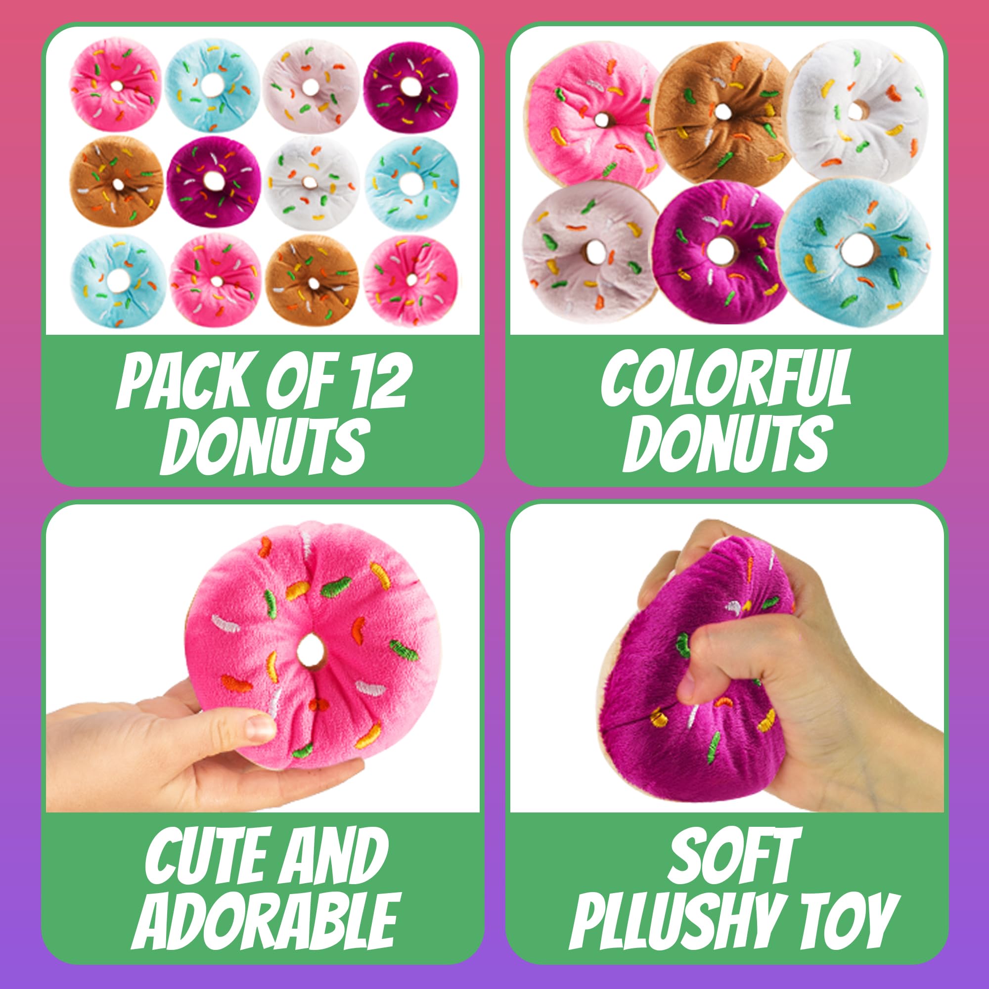 Bedwina Plush Donuts with Sprinkles - (Pack of 12) 1 Dozen Stuffed Donut Pillow Toy Party Favors, Donut Party Supplies Decorations and Stocking Stuffers for Kids