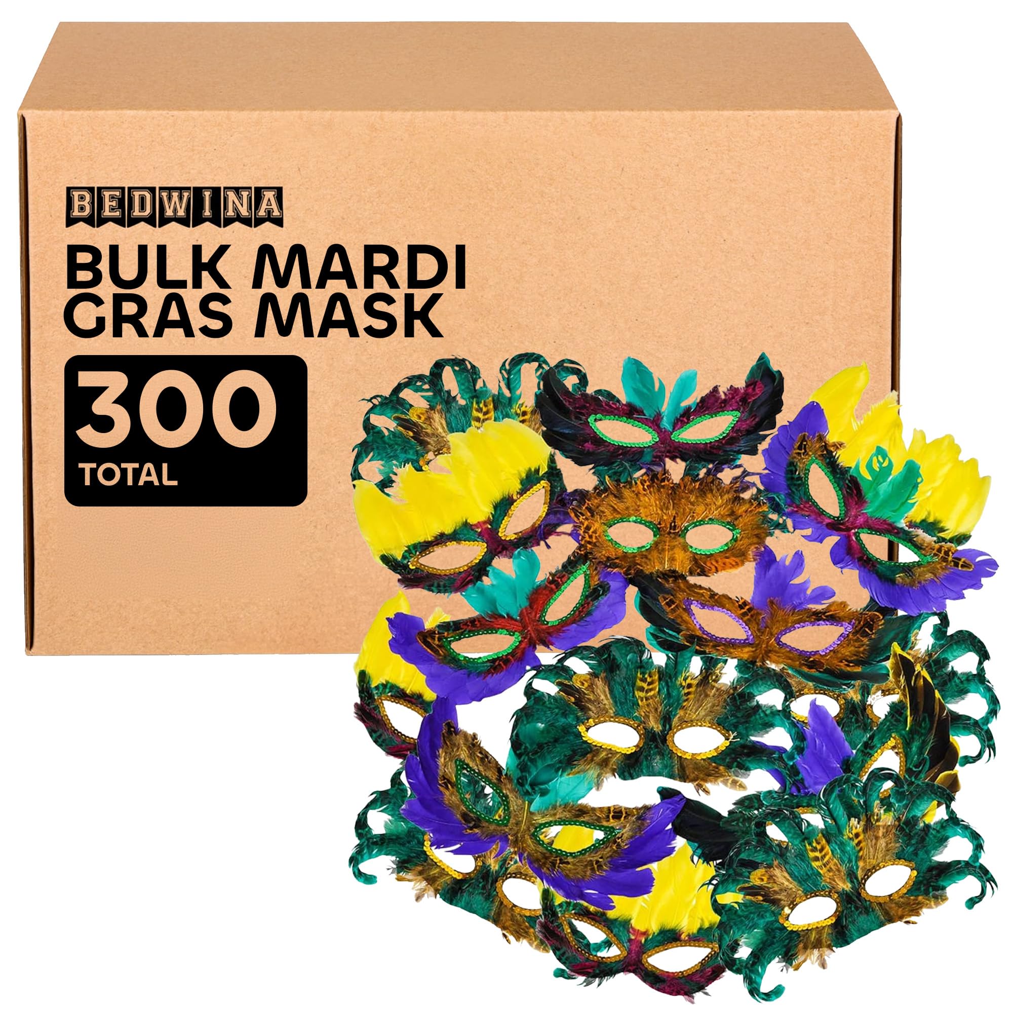Bedwina Mardi Gras Masks - (Pack of 300) Bulk Carnival Masquerade Mask Costume Party Supplies, Feather Mardi Gras Decorations for Women, Men and Kids