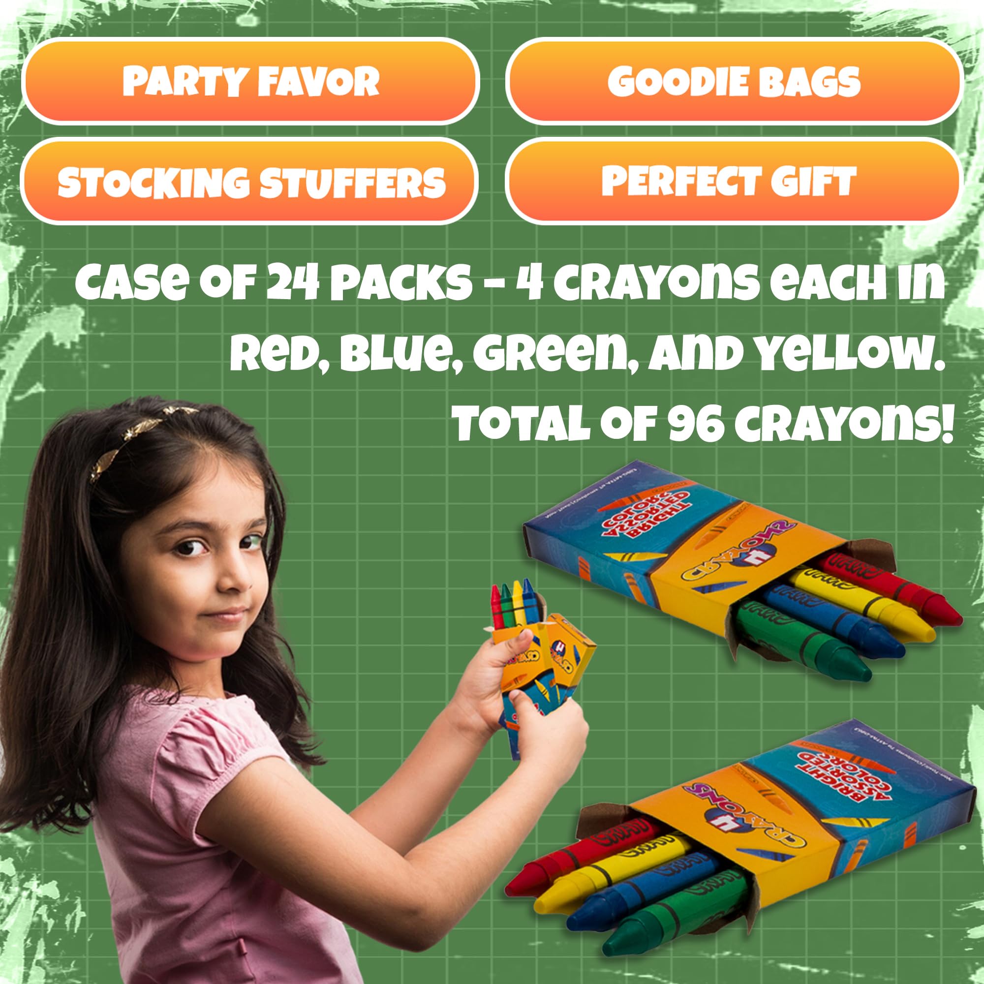 Bedwina Bulk Crayons - 96 Crayons! 24 Pack - 4 - Per Pack, Premium Colors for Kids and Toddlers, Non-Toxic, for Party Favors, Restaurants, Goody Bags, Stocking Stuffers