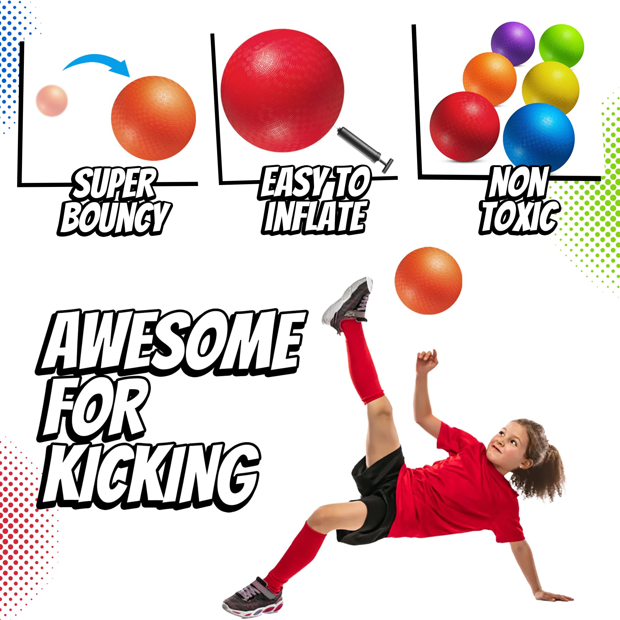 8.5 Inch Playground Balls for Kids & Adults - (Pack of 6) Inflatable Rubber Indoor Outdoor Bouncy Dodgeballs, Kickballs, Four Square and Handballs for School, Gym, Recess and More with Ball Pump