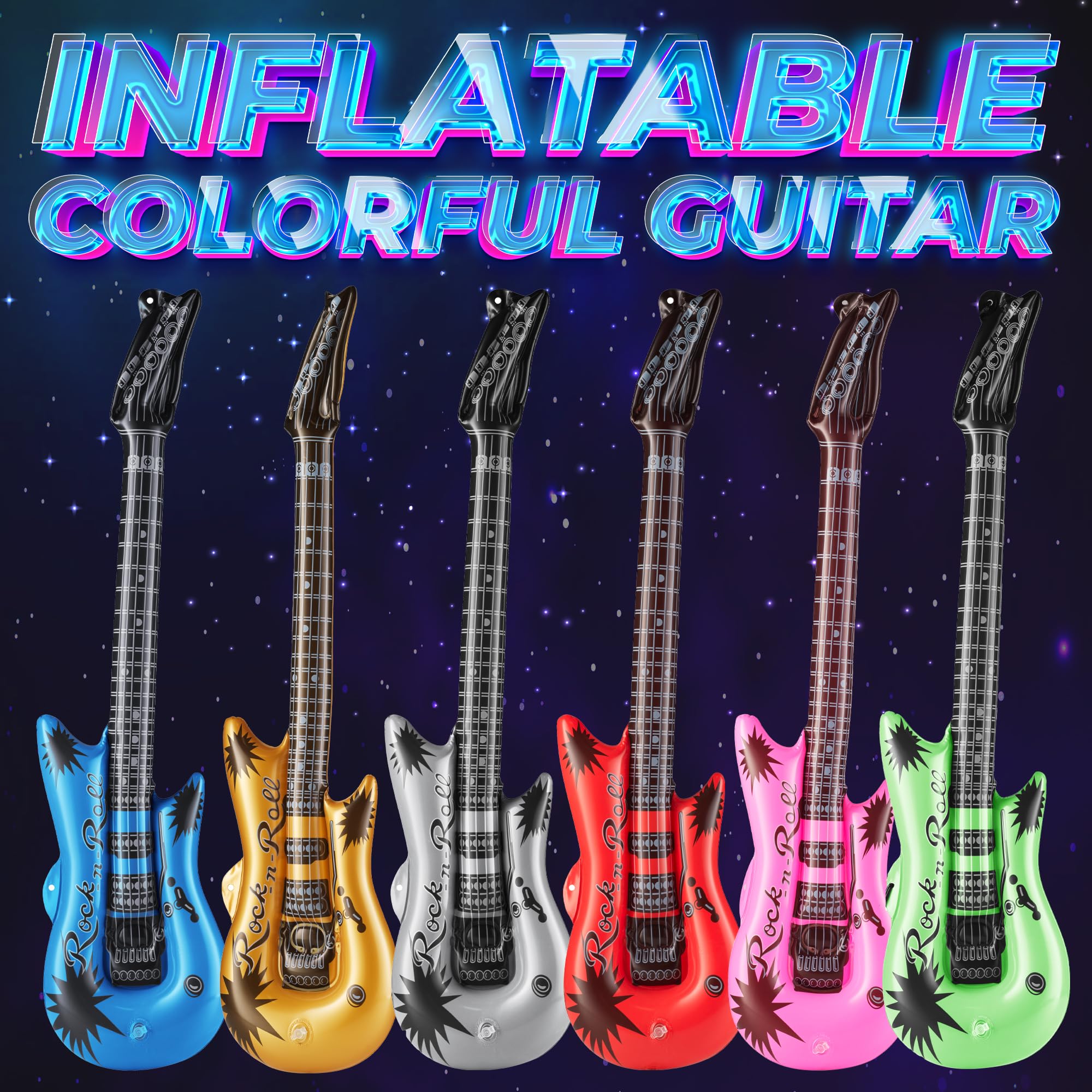 Bedwina Inflatable Guitars - (pack Of 6) 36-inch Colorful Blow Up Guitar With Strap, Party Favors, DJ-props, Photo-booth, Birthdays, Rock Star, Rock And Roll Party Decorations, 80s 90s Party Supplies