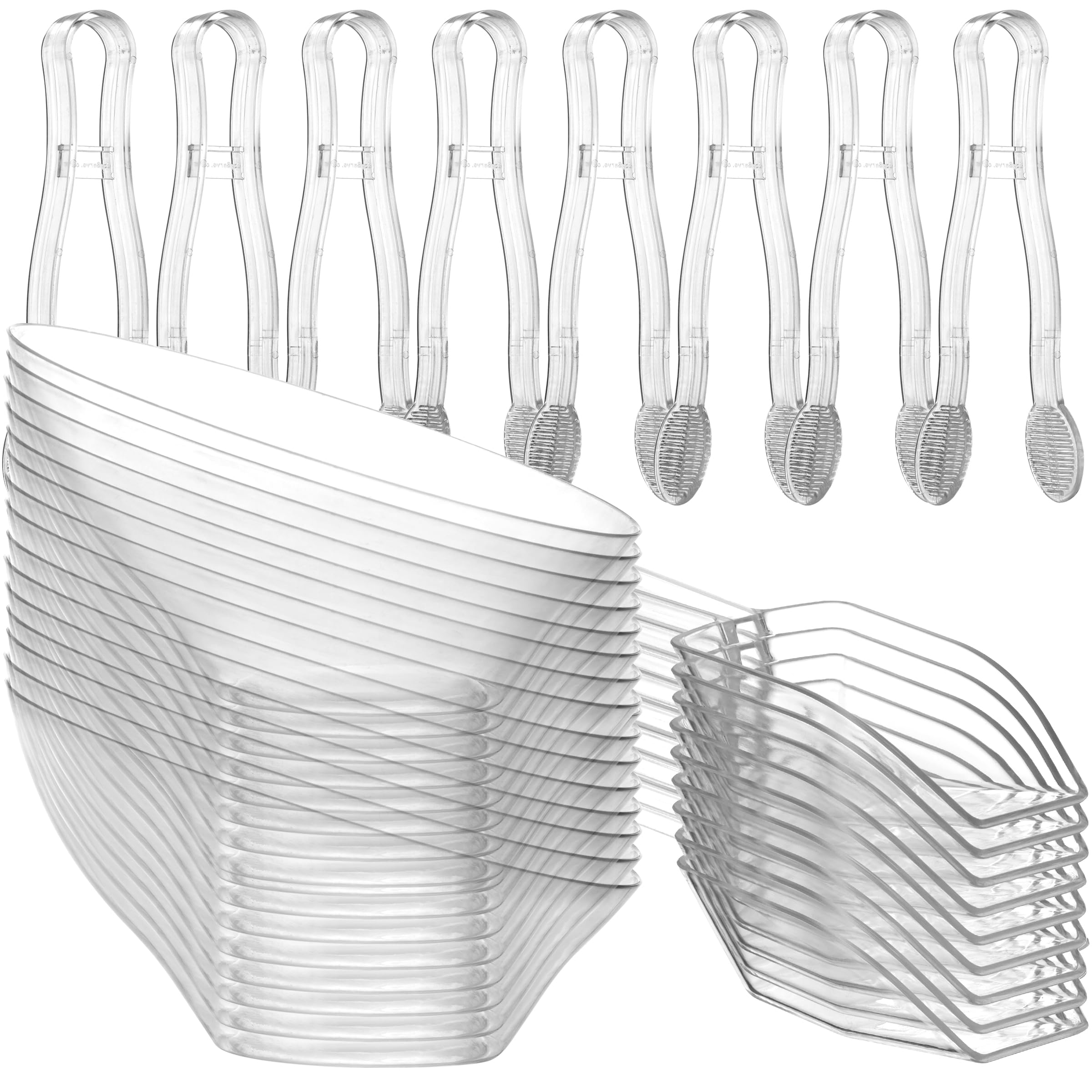 6 oz Clear Plastic Dessert Bowls (16 Pcs) with (8) Scoops and (8) Tongs, Angled Hard Disposable Ice Cream Bar Cups and Candy Buffet Containers Set for Serving Food, Appetizers, Buffets, Party Supplies