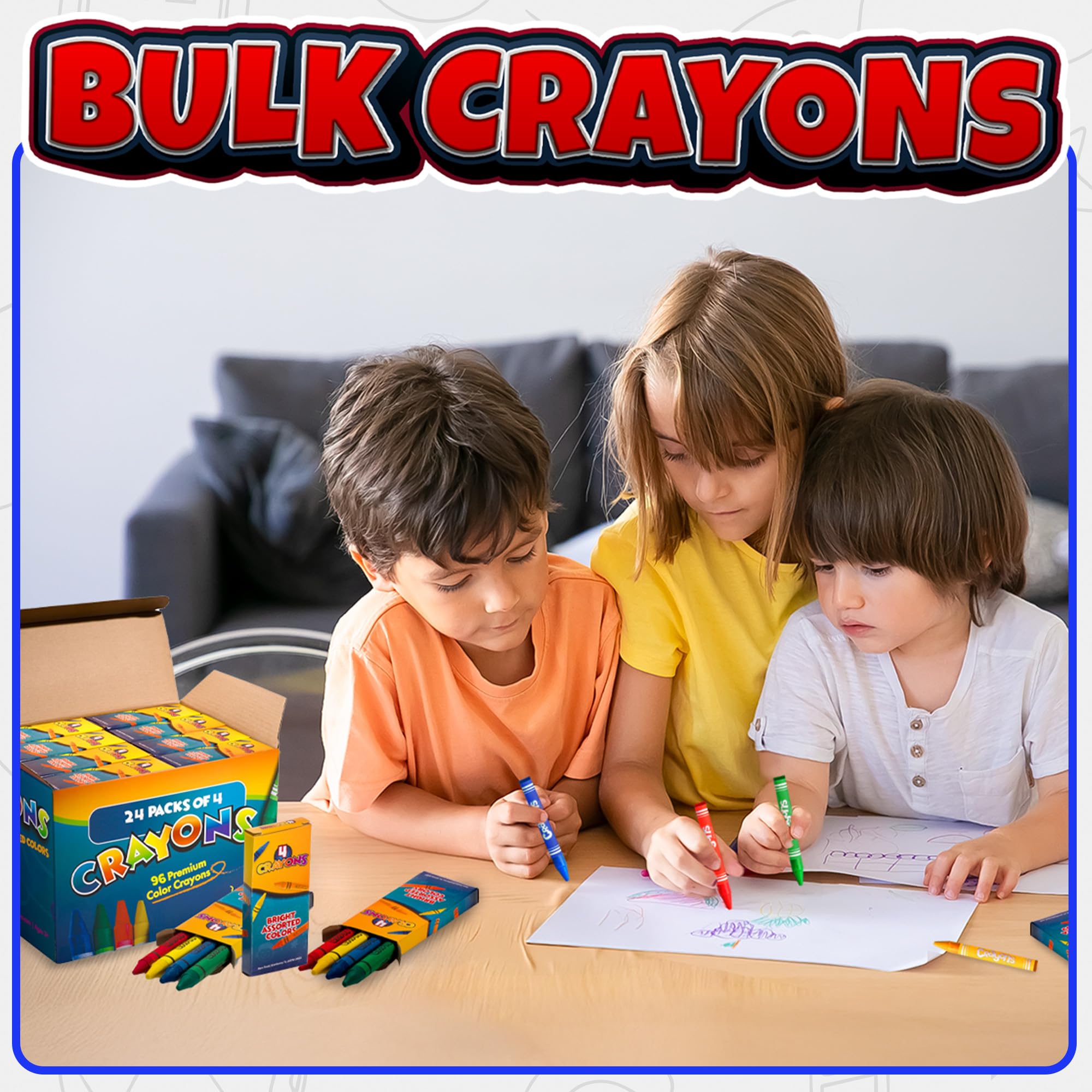 Bedwina Bulk Crayons - 96 Crayons - (Box of 24 Packs) - 4 - Per Pack, Premium Bright Colors for Kids and Toddlers, Non-Toxic for Coloring, Party Favors, Restaurants, Goody Bags, Stocking Stuffers