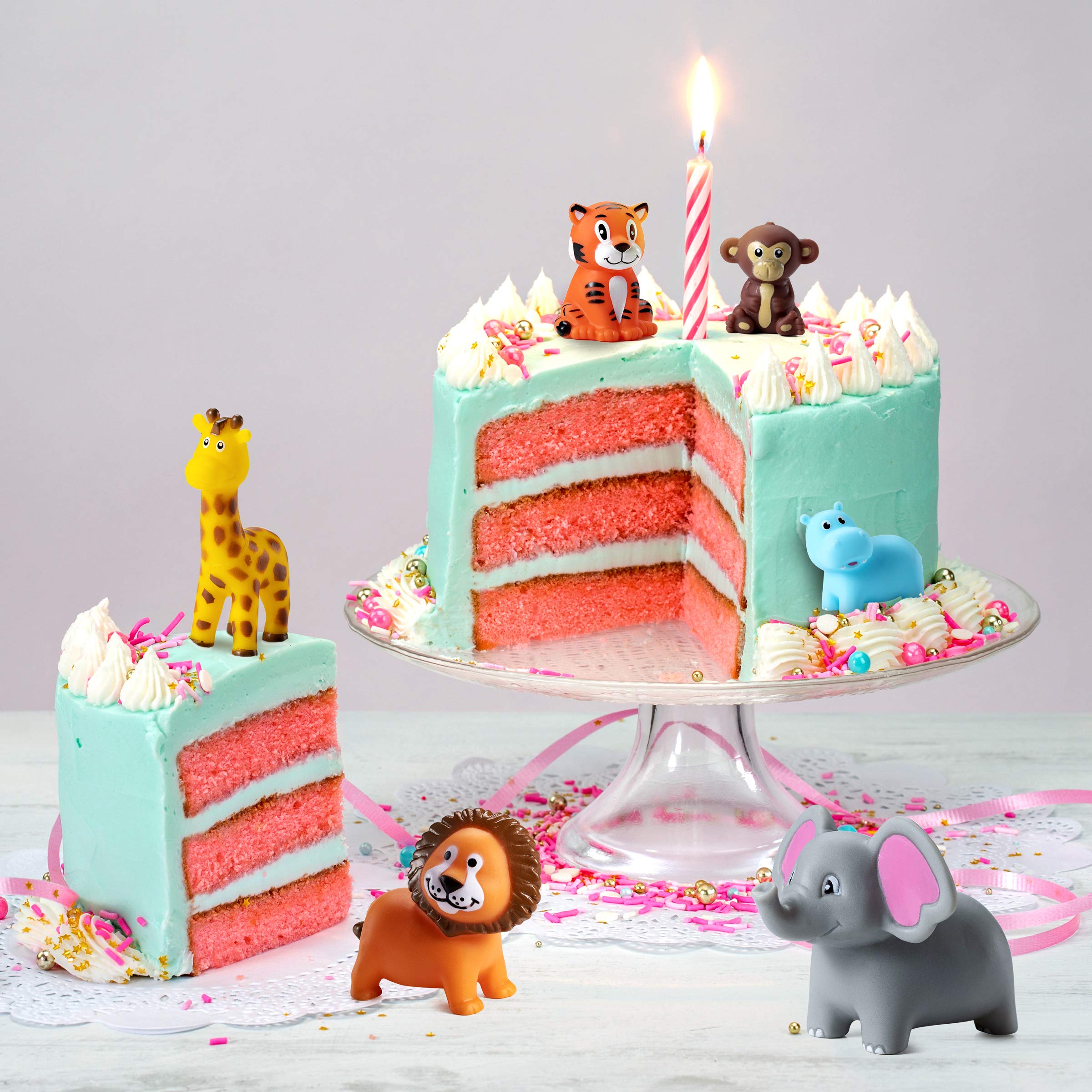 Mini Zoo Animals Bath Toys - (Pack of 6) Vinyl Rubber Jungle Safari Animal Figures, Squeezable Bath Tub Toys for Kids, Baby Shower, Birthday Party Supplies, Favors, Cake Decor, Table Decorations