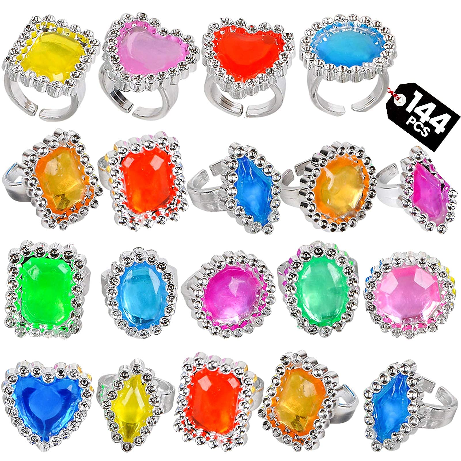 Bedwina Plastic Rings - (144 Pieces) Bulk Party Favors for Kids, Assorted Colors and Designs, Small Toy Pack for Prizes, Birthdays, Carnival Prizes, Treasure Chest Toys, Goodie Bag Favors for Kids