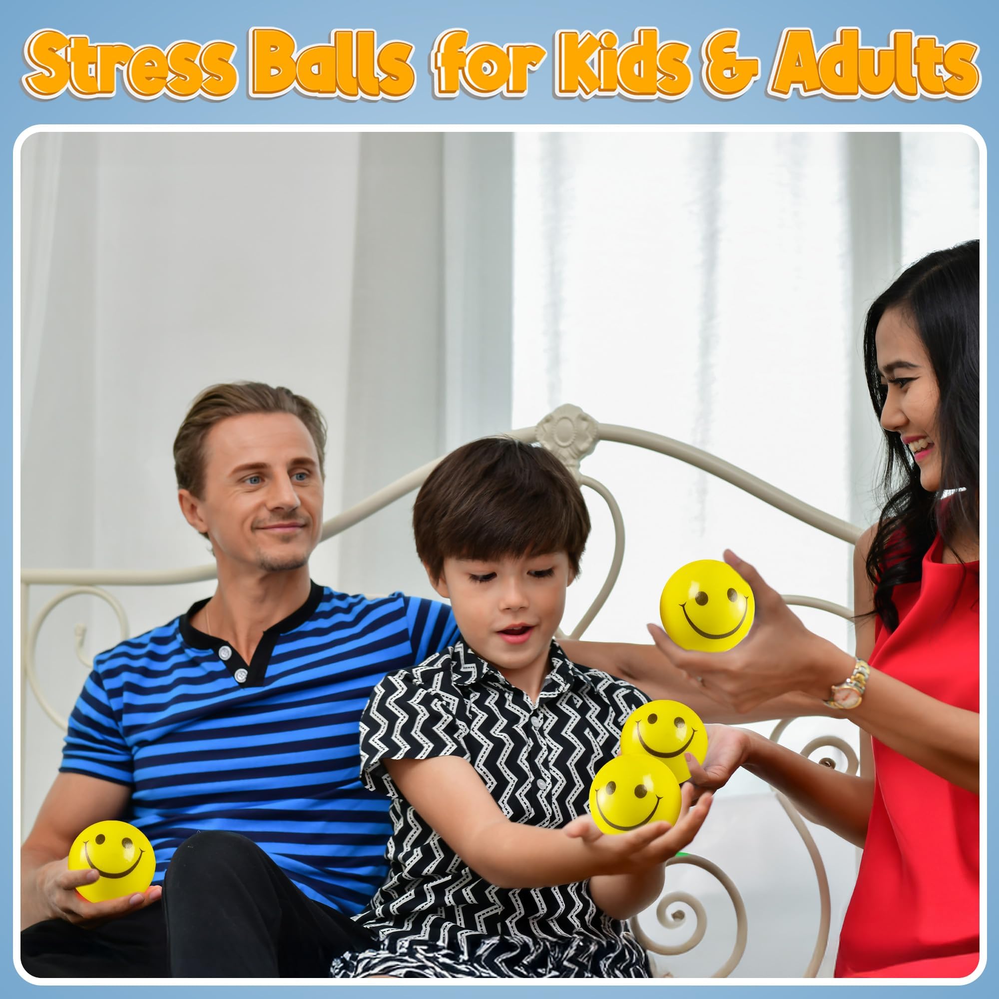 Smile Face Squeeze Balls (72 Pcs Bulk) for Kids and Adults, 2 Inch Mini Yellow Fun Happy Face Stress Anxiety Relief Balls, Hand Therapy Sensory Fidget Toy, Classrooms, Game Prize, Party Favor Gift