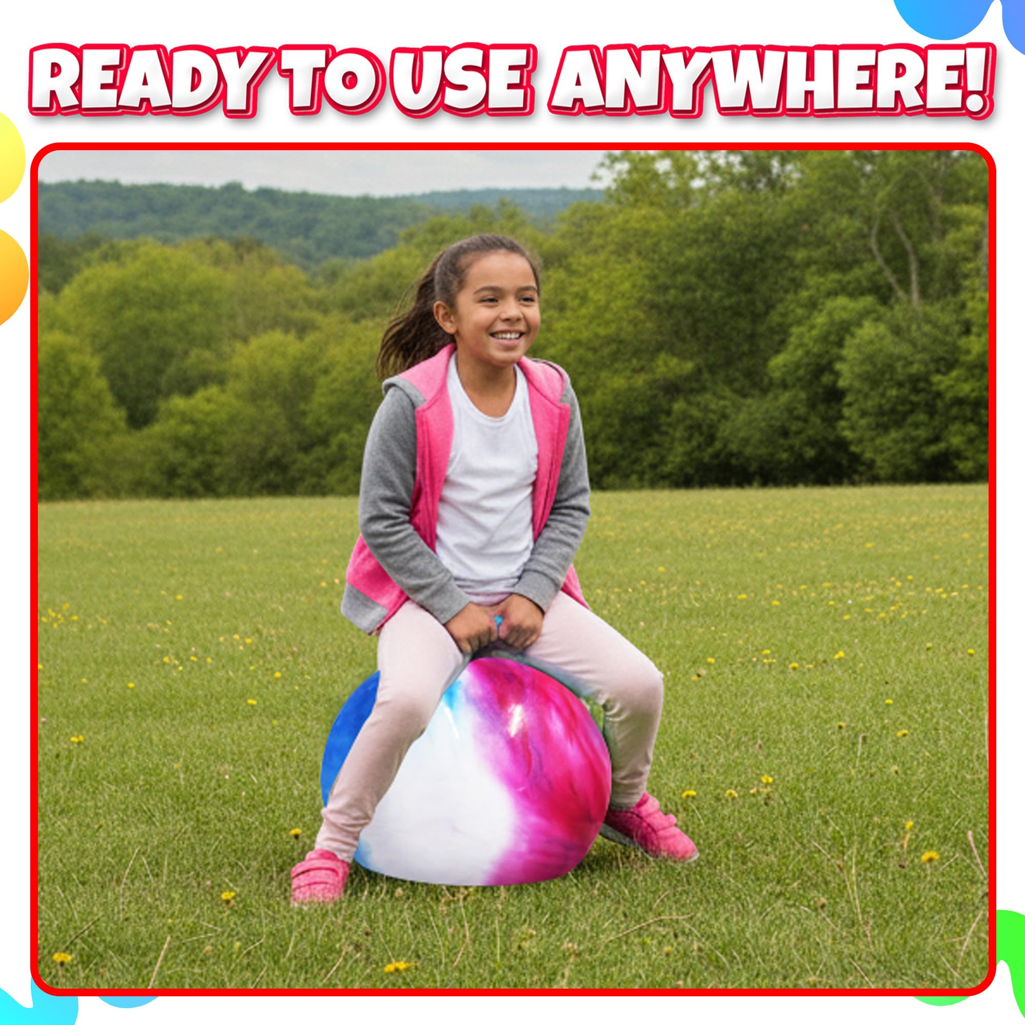 Bedwina Hopper Ball with Handle for Kids 22-inch (55cm) Bouncy Balls for Kids, Jumping Kangaroo Hippity Hop, Hopping Sit and Spin with Handle with Hand Pump, Marble Blue/Red/White