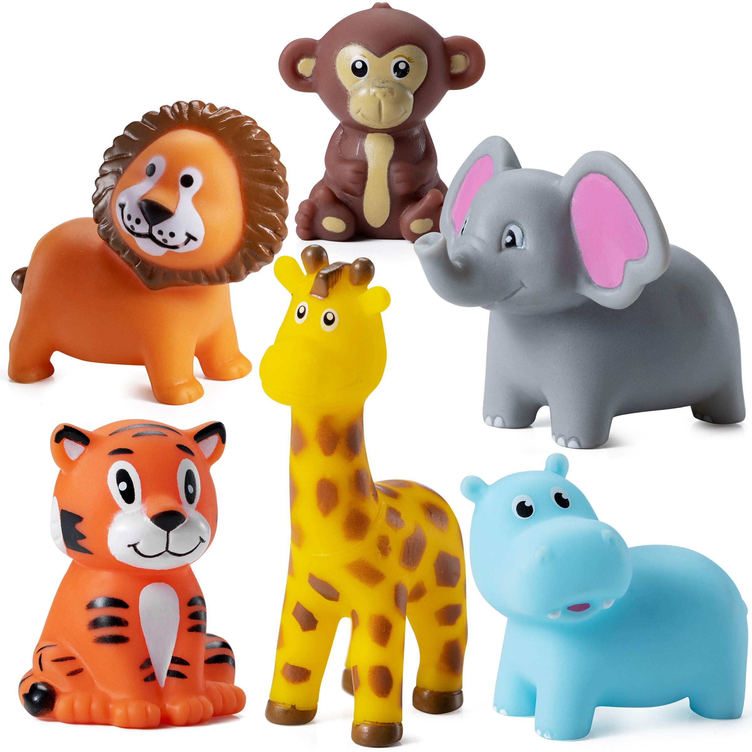 Mini Zoo Animals Bath Toys - (Pack of 6) Vinyl Rubber Jungle Safari Animal Figures, Squeezable Bath Tub Toys for Kids, Baby Shower, Birthday Party Supplies, Favors, Cake Decor, Table Decorations