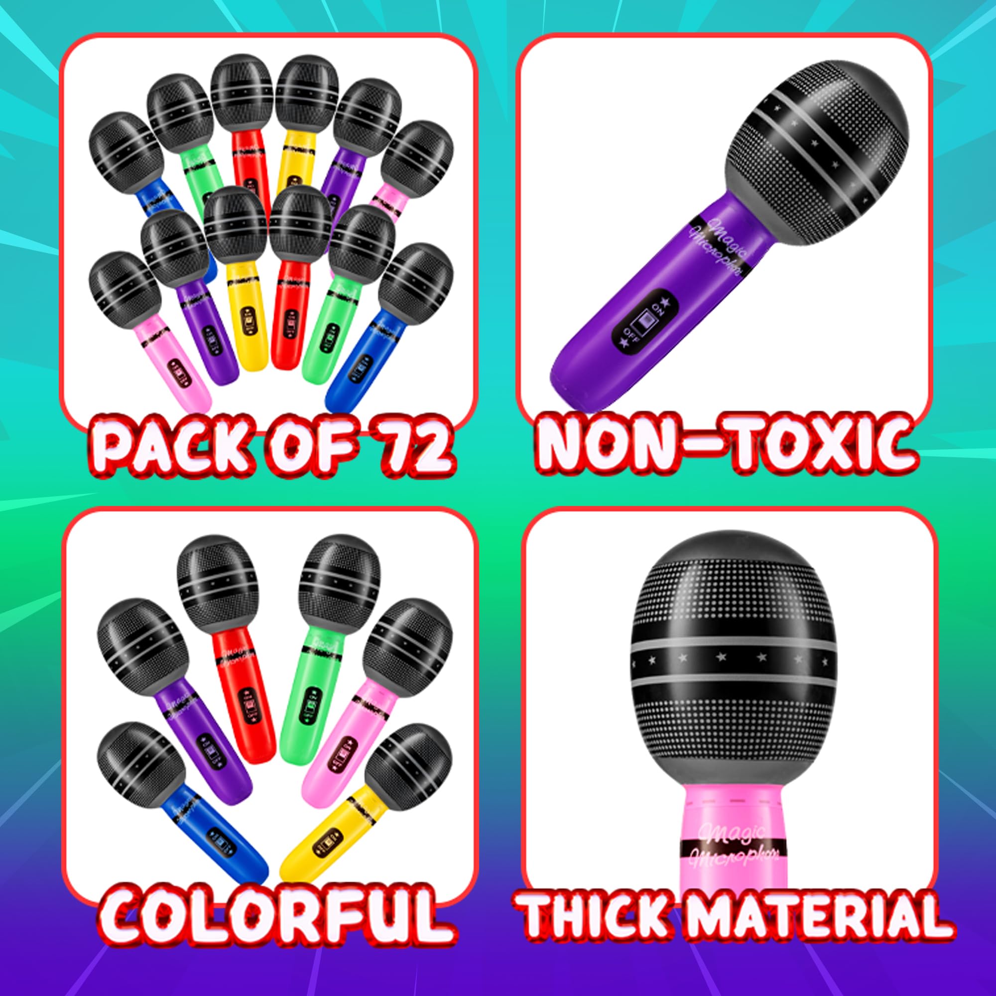 Inflatable Microphones for Parties - (Pack of 72) 10-inch Neon Colors Blow Up Microphone for Kids & Adults, Party Favors, Giveaways, DJ-Props, Photo-Booth, Birthdays, Dance, Sing, Concert Decorations