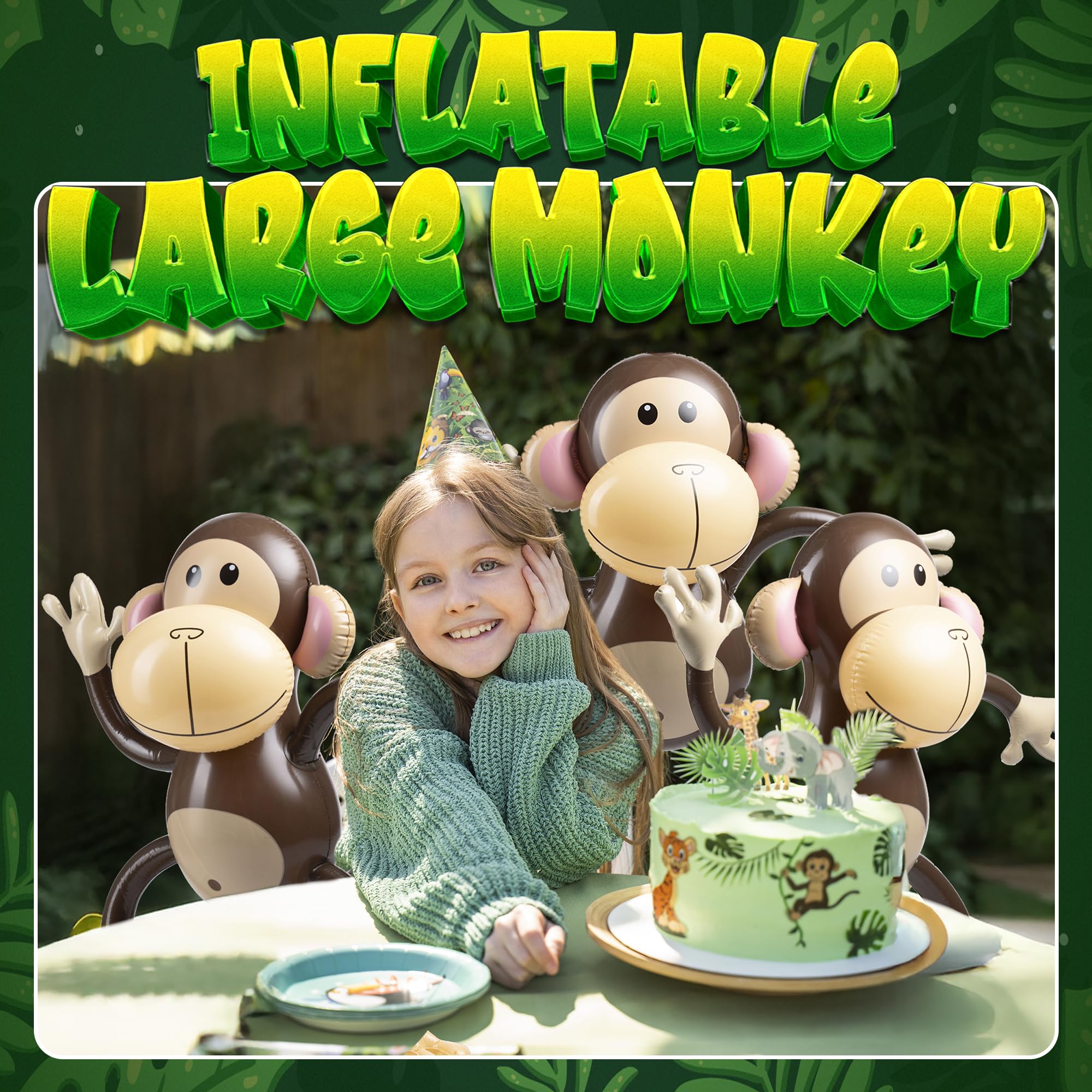 Large Inflatable Monkey (Pack of 3) 27-Inch Monkeys for Baby Shower, Safari, Jungle Themed Birthdays, Blow Up Animal Party Favors and Decorations for Kids and Toddlers