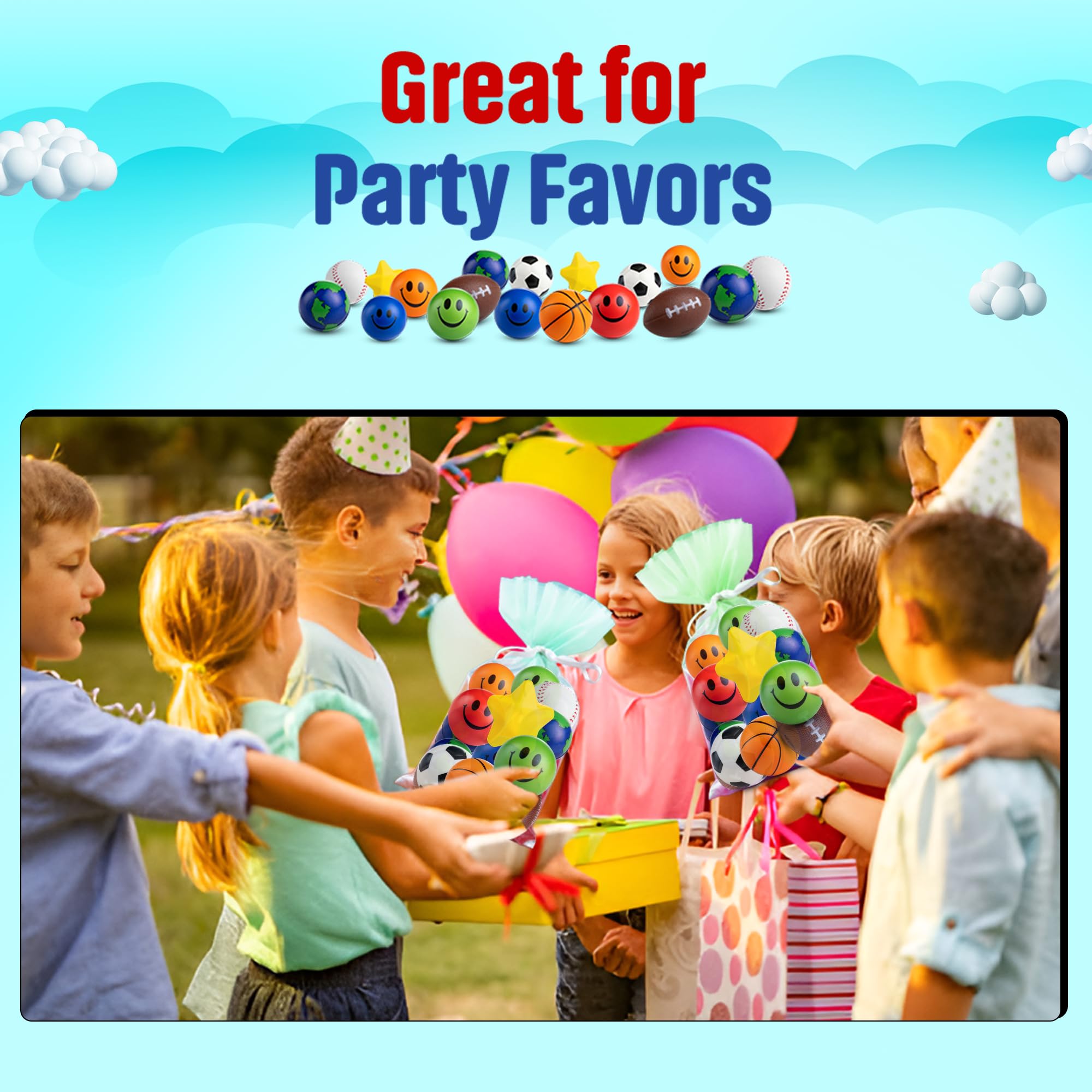 Bulk Mini Stress Balls for Kids (25 Pack) 2-3 Inch Soft Squeezable Fidget Toy Balls, Variety of Shapes & Colors, for Kids Birthday Party Favors & Goody Bag Stuffers, Game Prizes for Boys & Girls