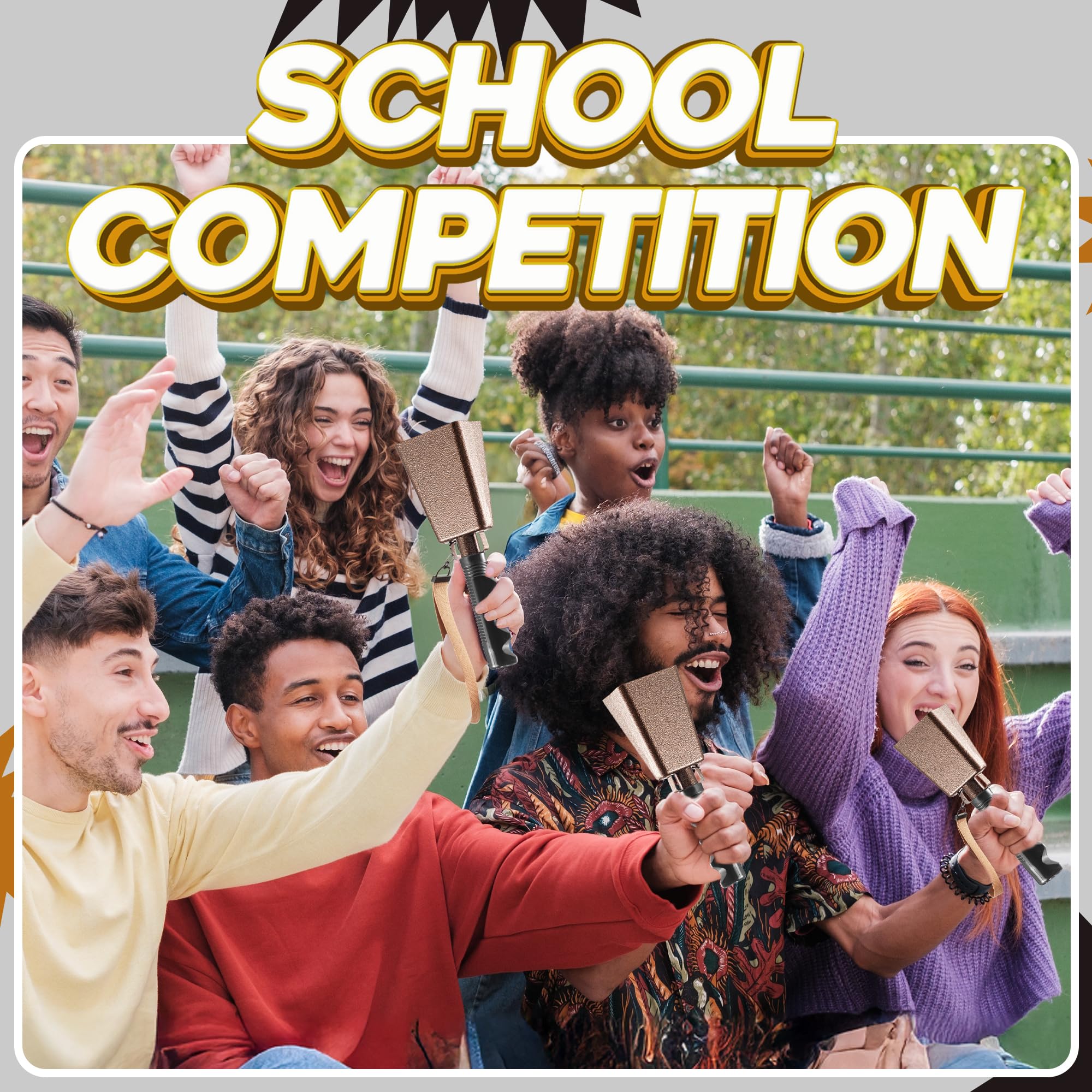 9" Metal Cowbells with Handle - (2 Pack) Cow Bells Loud Cheering Noise Makers for Sporting Events, Football Games, School Spirit, Rallies & Celebrations - Copper Steel Percussion Music Instrument