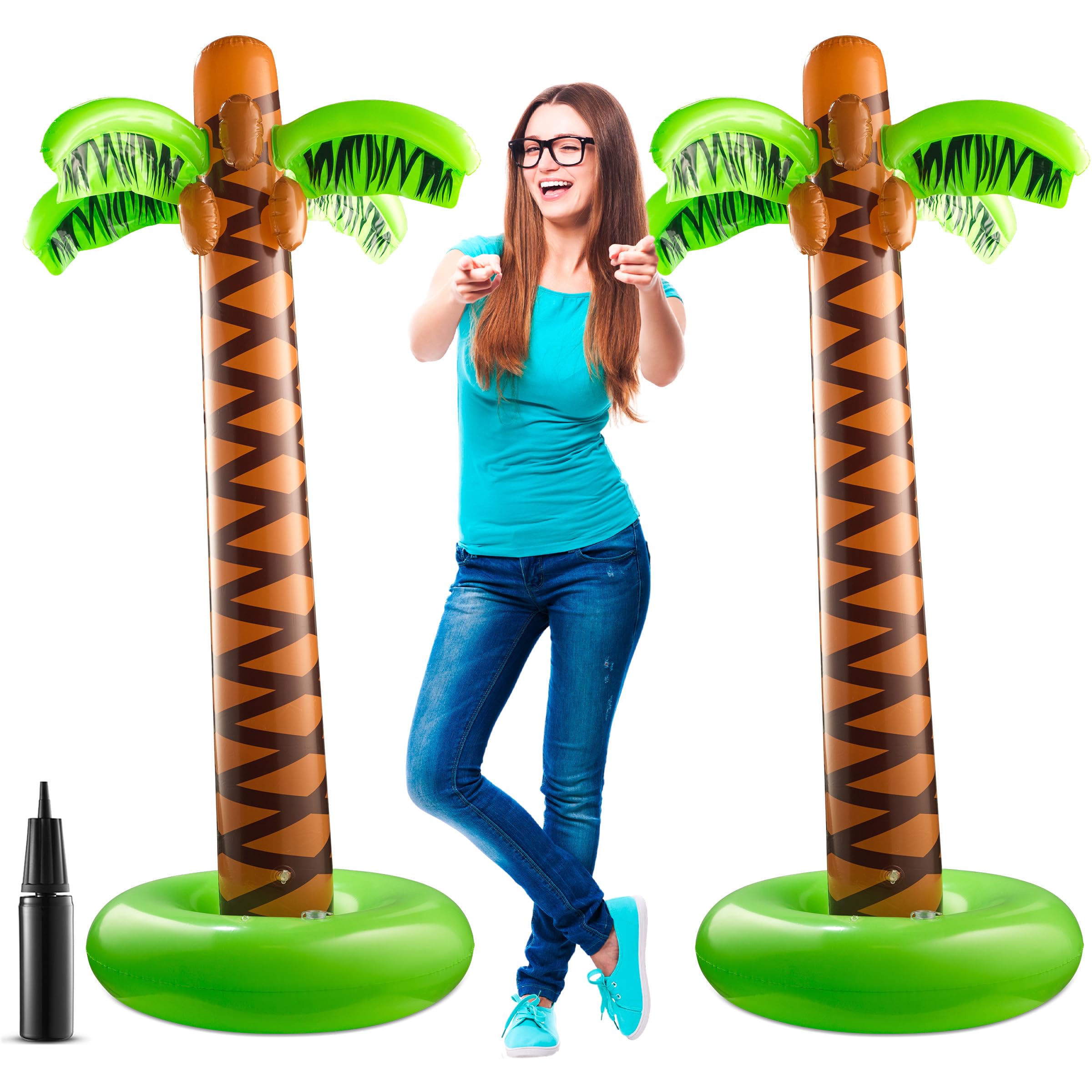 Bedwina Inflatable Palm Tree with Hand Pump - Pack of 2 Large 5.5 Ft Blow Up Palm Tree for Luau Party Decorations, Hawaiian Tropical Birthday Party