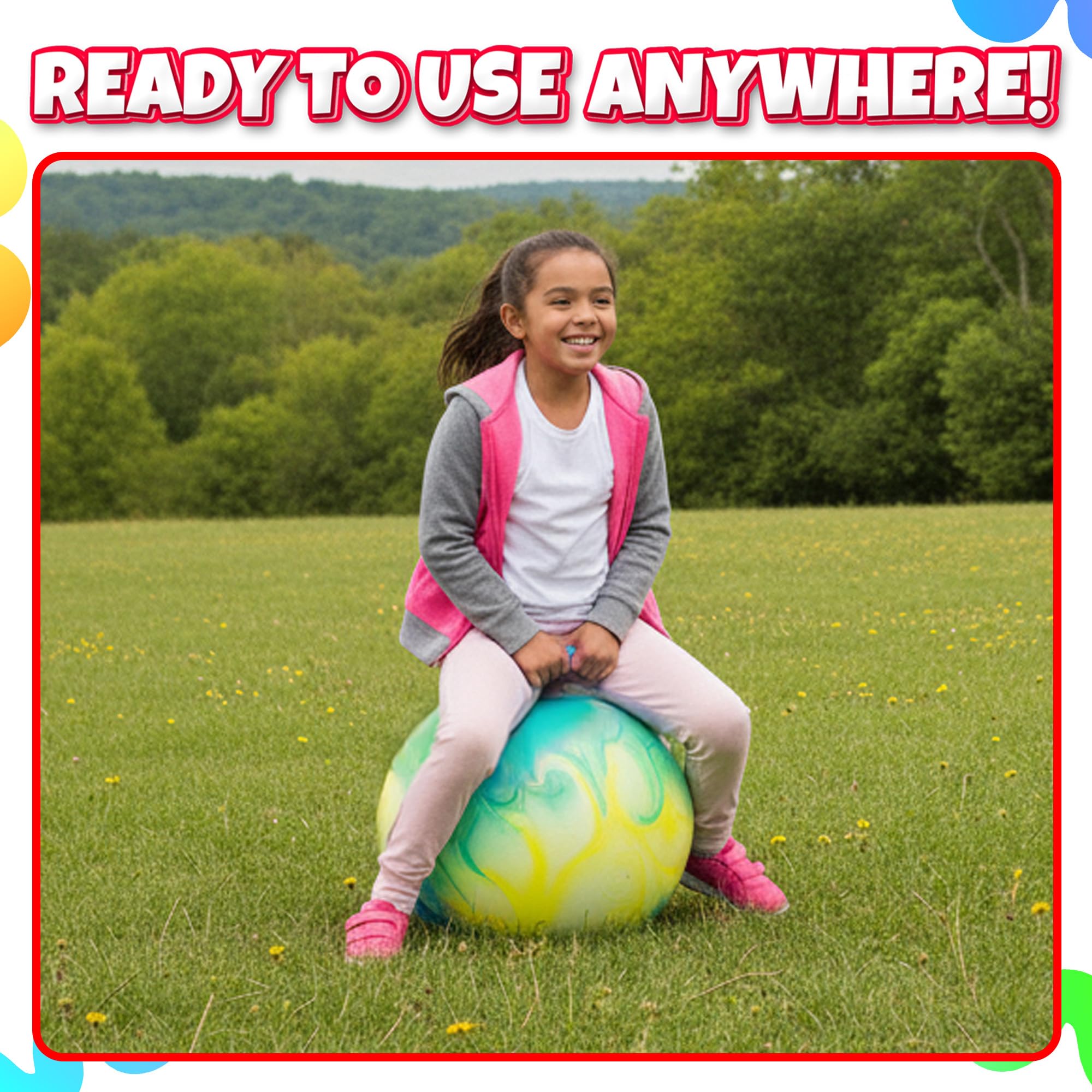 Bedwina Hopper Ball with Handle for Kids 22-inch (55cm) Bouncy Balls for Kids, Jumping Kangaroo Hippity Hop, Hopping Sit and Spin with Handle with Hand Pump, Marble Green & Yellow