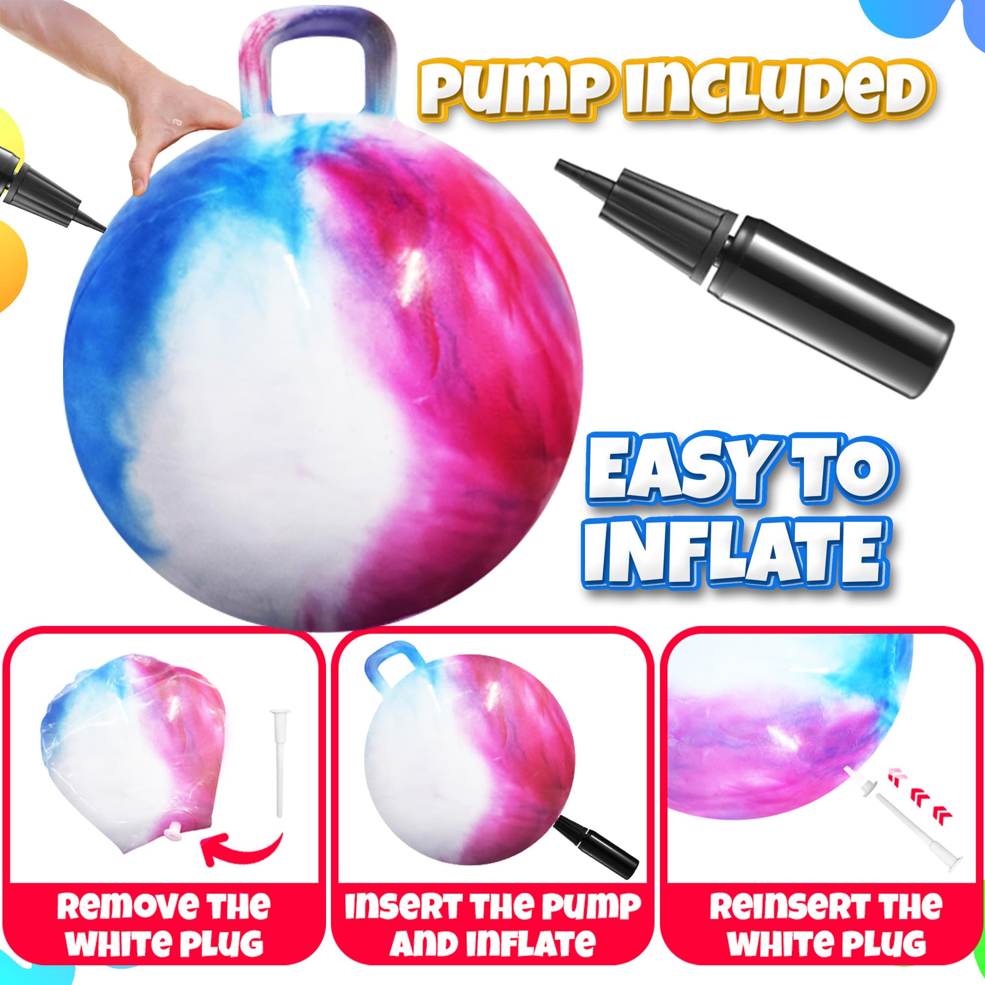 Bedwina Hopper Ball with Handle for Kids 22-inch (55cm) Bouncy Balls for Kids, Jumping Kangaroo Hippity Hop, Hopping Sit and Spin with Handle with Hand Pump, Marble Blue/Red/White