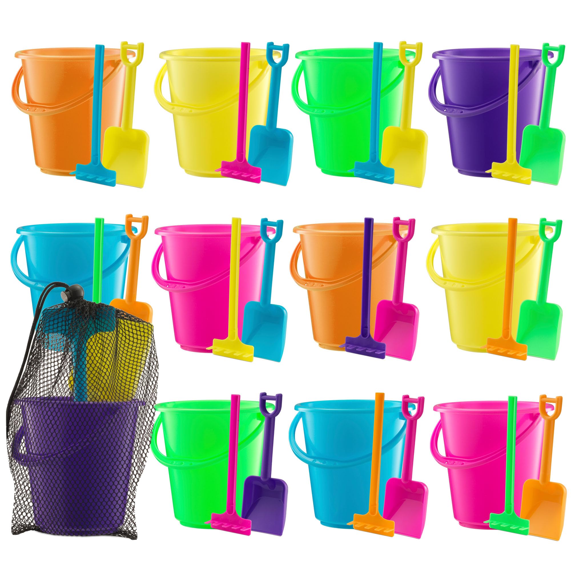 Mini 4.5-Inch Beach Buckets for Kids - (12 Pack) Sand Buckets and Shovels with Rakes - Small Beach Pails - Sturdy Unbreakable Plastic - Beach Party Favors for Toddlers Ages 3-6