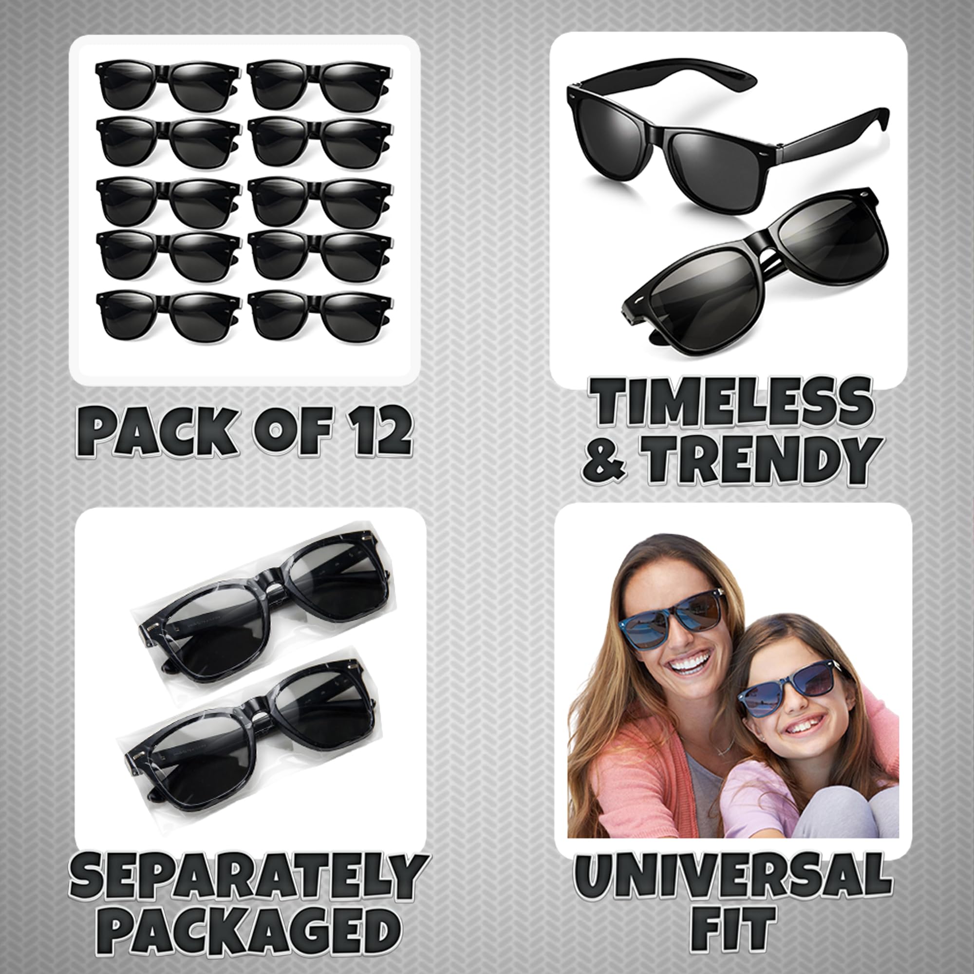 Black Sunglasses Bulk - (Pack of 12) Premium Retro Party Sunglasses for Birthdays, Weddings, Bachelorette, Bachelor, Photo Booth Prop Eyewear Shades - Adult or Kids Unisex Black Party Decorations