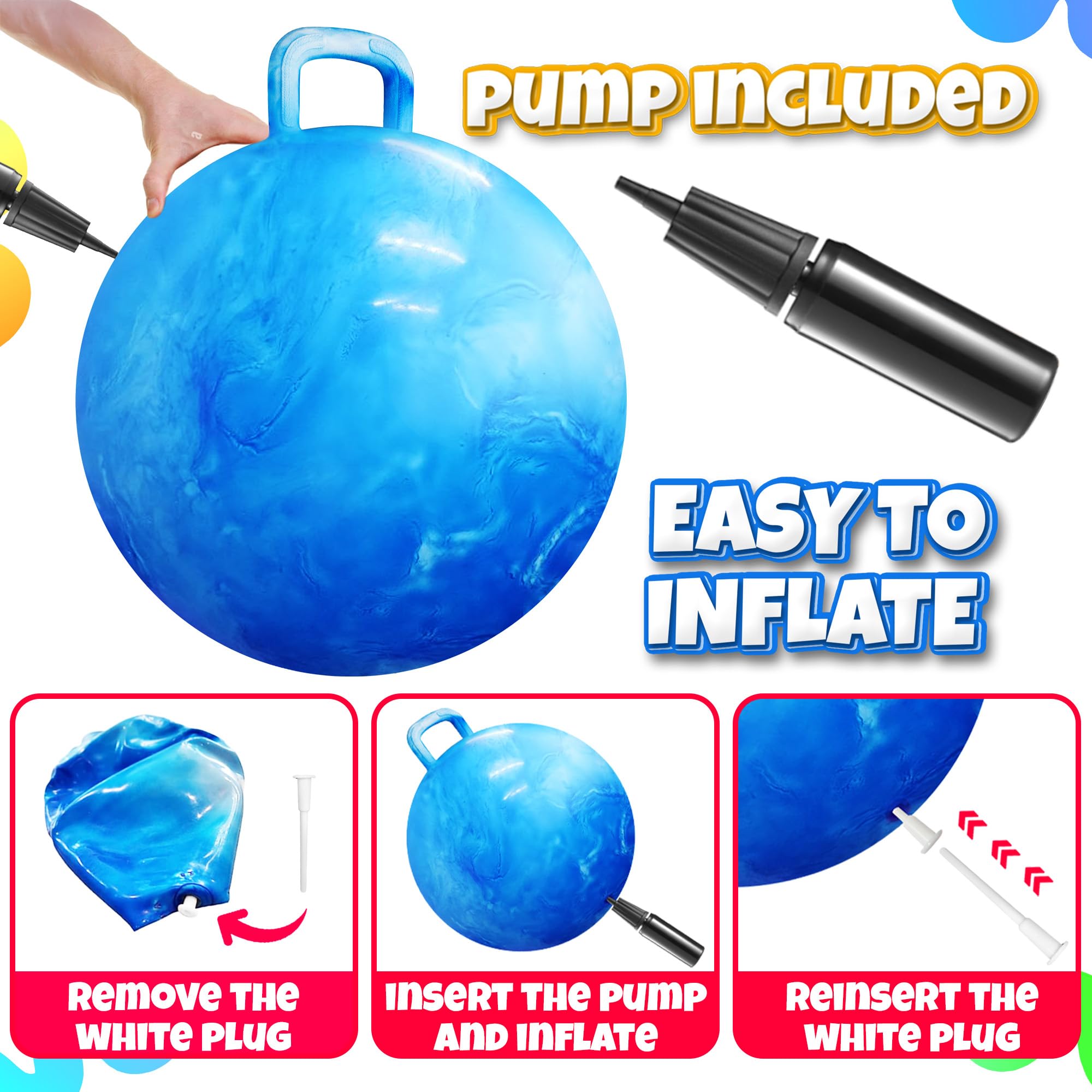 Bedwina Hopper Ball with Handle for Kids 22-inch (55cm) Bouncy Balls for Kids, Jumping Kangaroo Hippity Hop, Hopping Sit and Spin with Handle with Hand Pump, Marble Blue & White