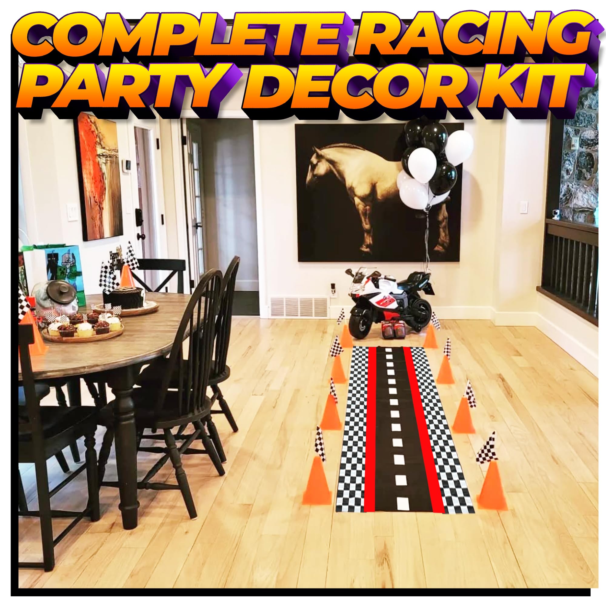Racing Cars Birthday Decorations - Racecar Centerpiece Decoration Kit for Kids - (12) Orange Traffic Cones, (24) Checkered Flags, Plastic Tablecloth (54"x108") Birthday Banner Race Car Theme (38pcs)
