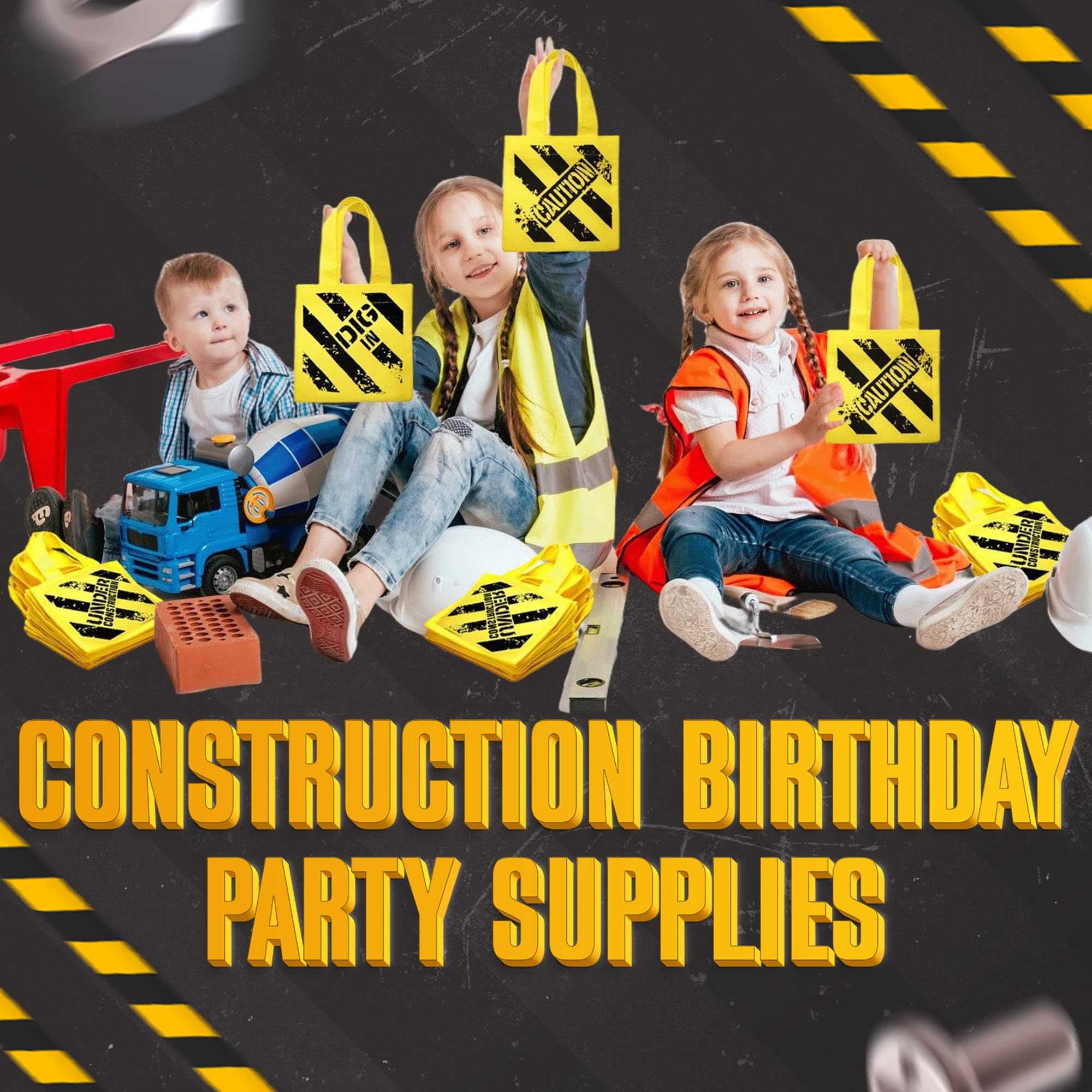 Bedwina Construction Birthday Party Supplies 48 Under Construction Party Decorations Themed Mini Non-Woven Canvas Tote Gift Bags with Handles for Kids and Goodie Bags for Boys