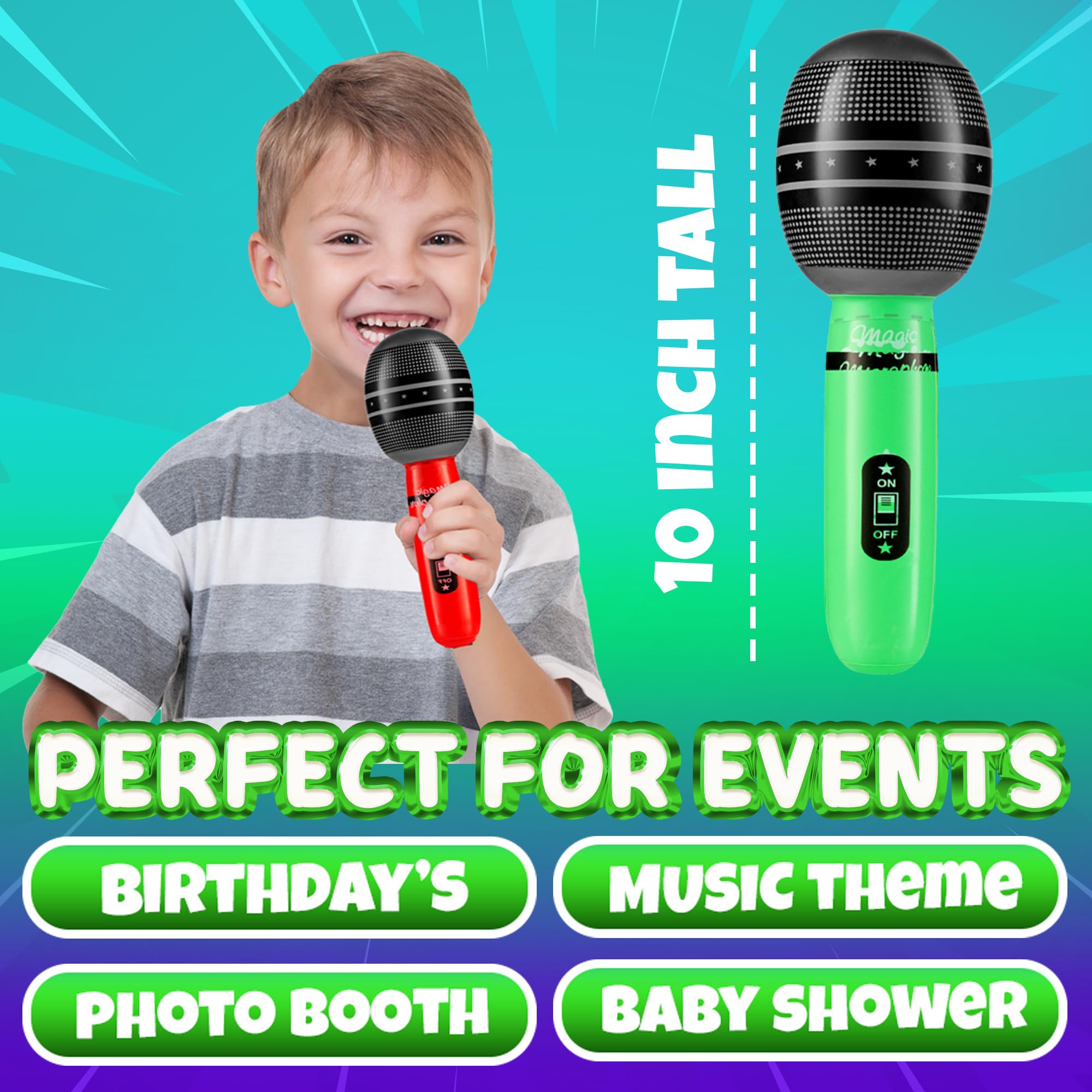 Inflatable Microphones for Parties - (Pack of 72) 10-inch Neon Colors Blow Up Microphone for Kids & Adults, Party Favors, Giveaways, DJ-Props, Photo-Booth, Birthdays, Dance, Sing, Concert Decorations
