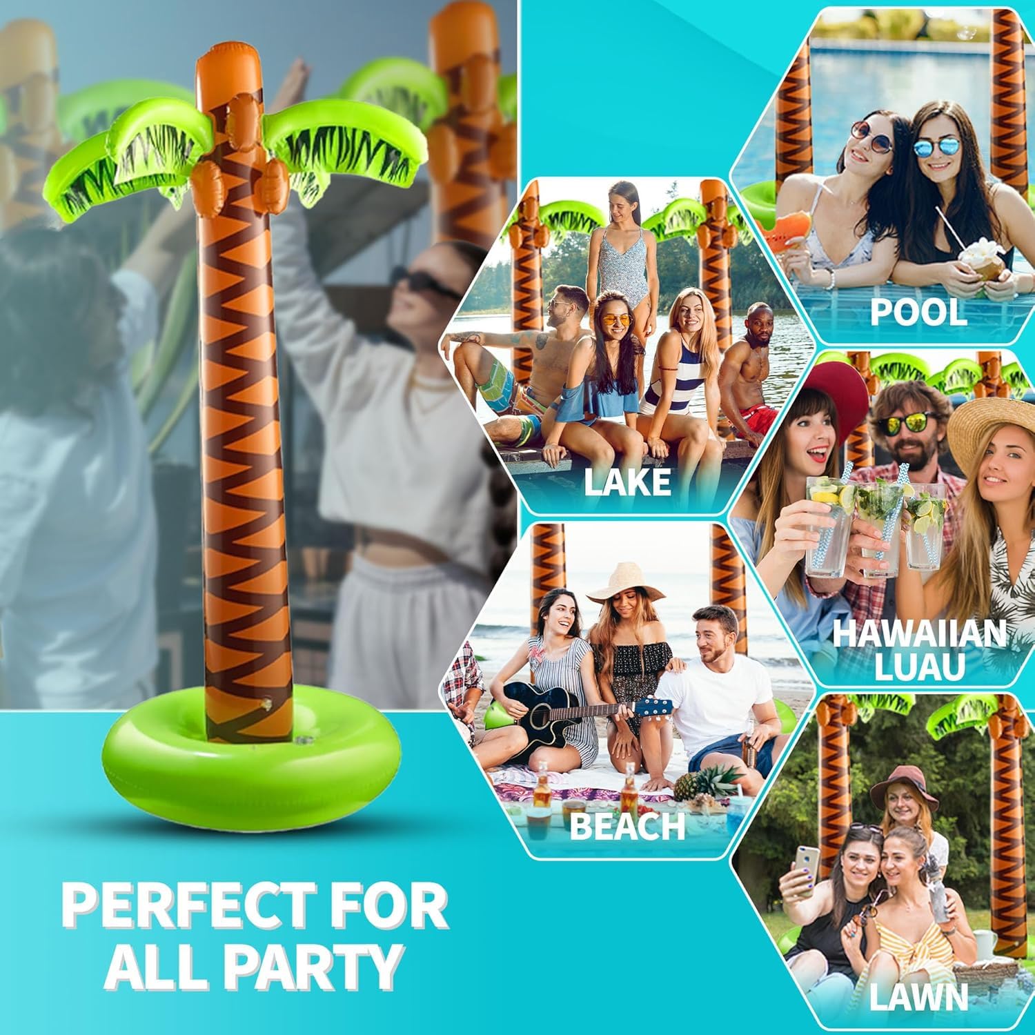 Bedwina Inflatable Palm Tree with Hand Pump - (Pack of 4) Large 5.5 Ft Blow Up Palm Tree Decorations for Luau or Hawaiian Party, Tropical Birthday Party Decorations