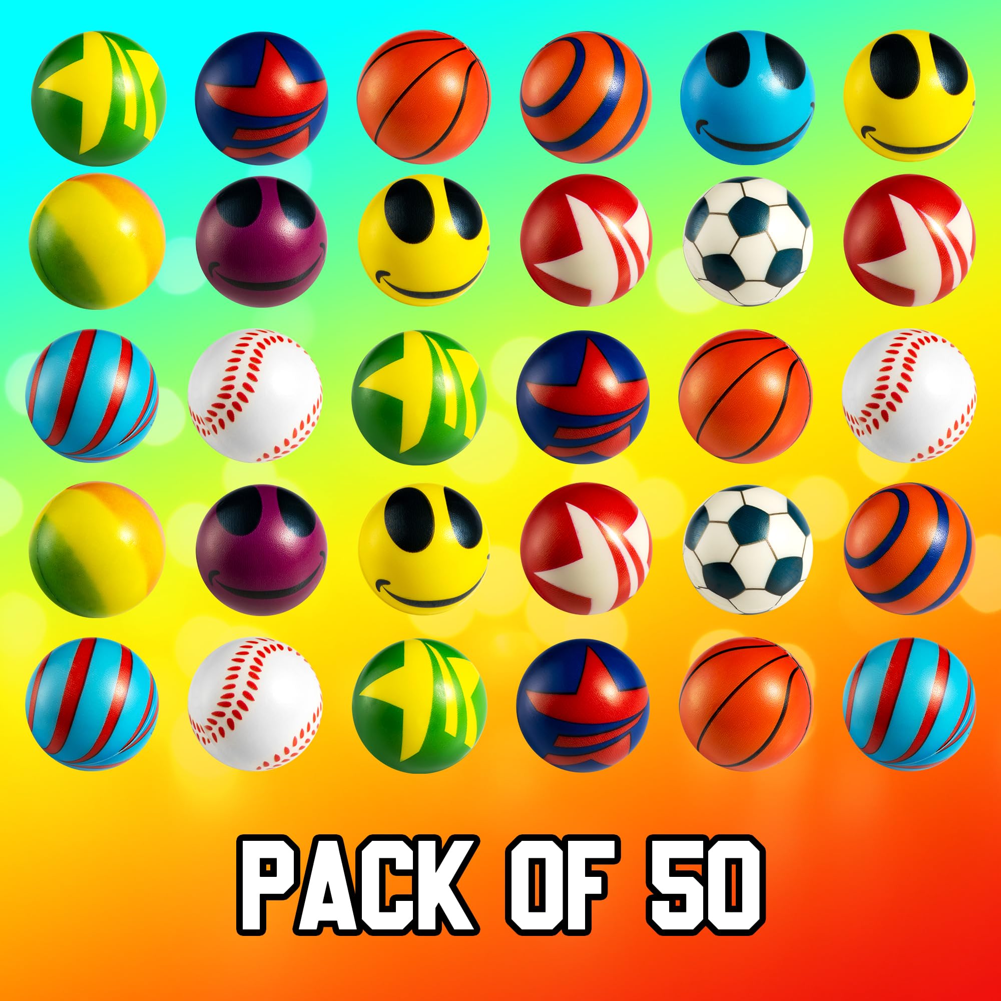 50 Mini Stress Balls for Kids and Adults - Bulk 2 Inch Assorted Soft Stress Relief Balls, Sensory Fidget Toys, Party Favors, Birthday Gifts, Goodie Bags and Stocking Stuffers for Kids