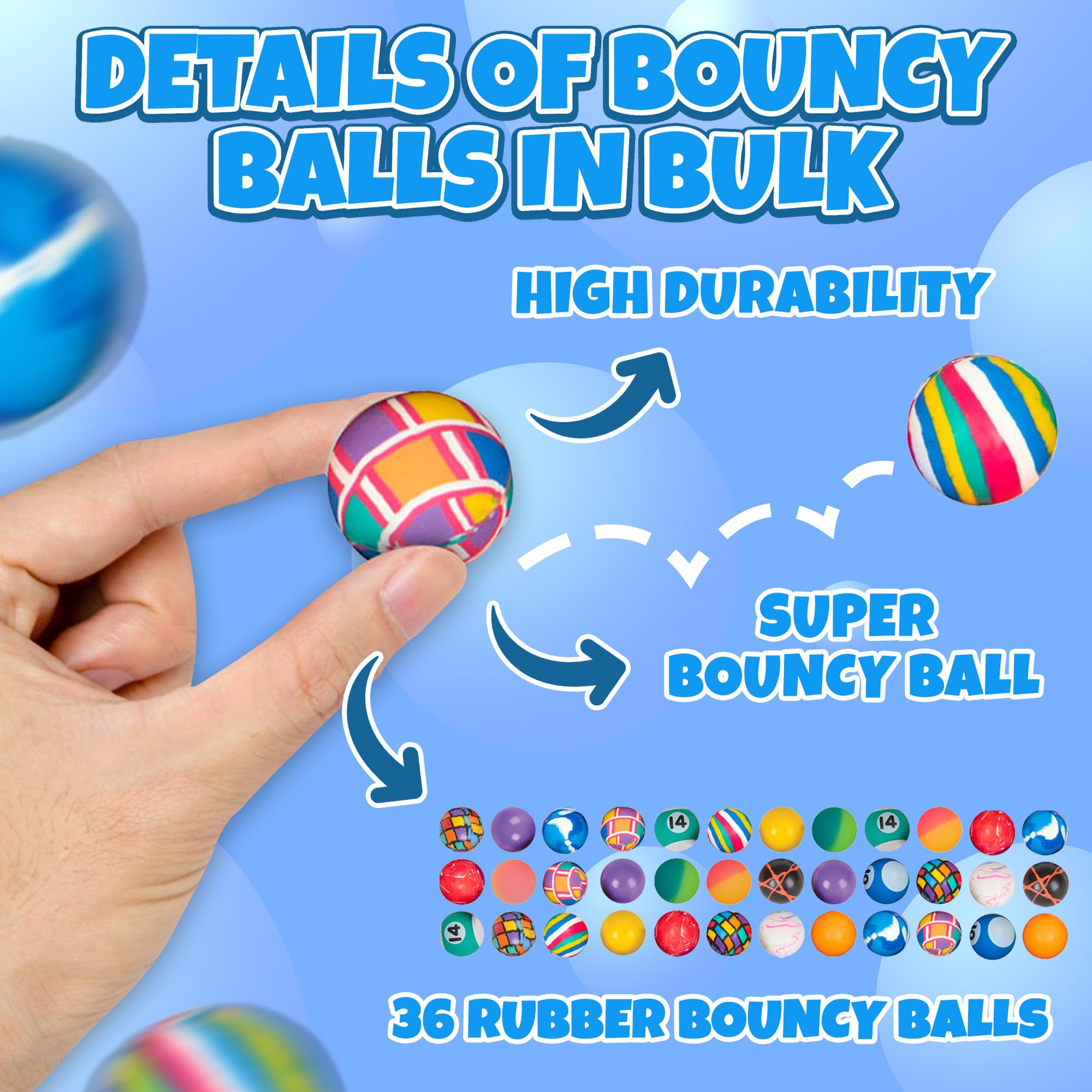 Bedwina Bouncy Balls in Bulk - (1inch/27mm) Hi Bounce Ball Variety Assortment Mix, Colorful and Small Rubber Bouncing Balls for Kids, Pack of 36